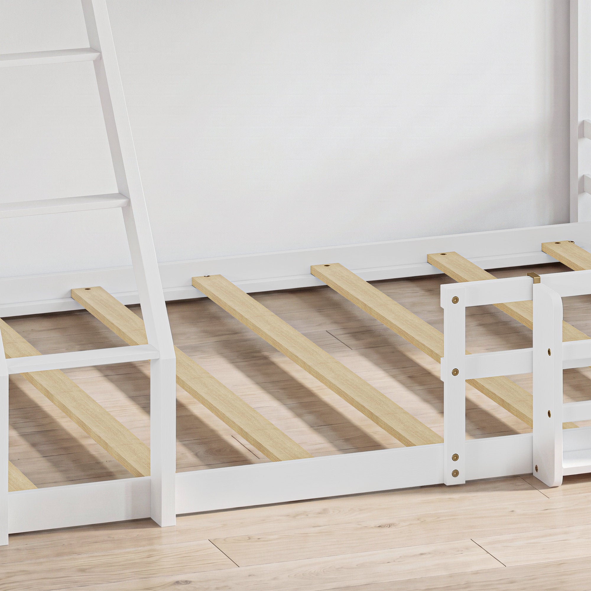 Twin Over Full Floor Bunk Bed with Ladder and Bookshelf, Space-Saving, Noise-Free, No Box Spring Needed,White