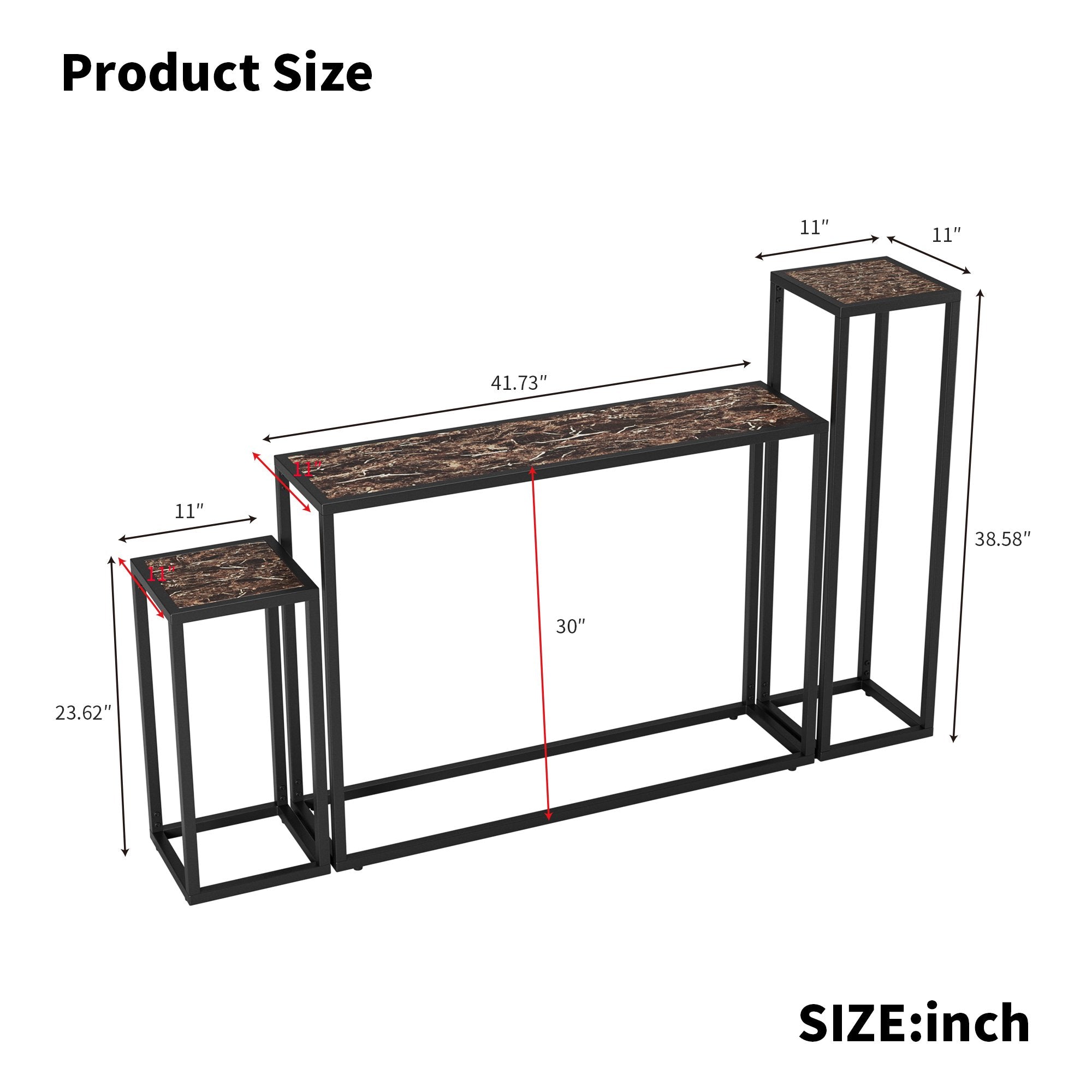 3-piece set of narrow table, high-end edge wrapped entrance hall table, entrance, industrial corridor table, living room, entrance hall, rural brown black color