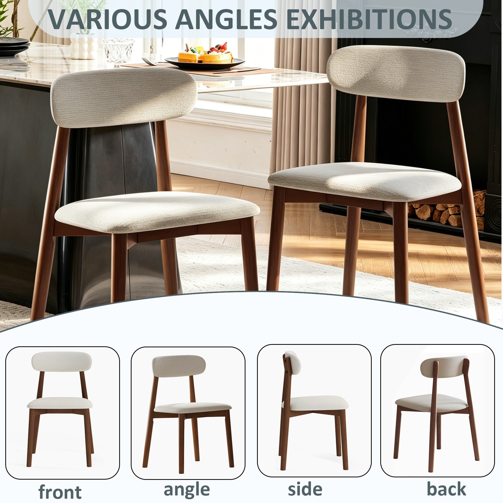 Solid Wood Dining Chairs Set of 4, Luxurious Chenille Upholstered Kitchen Chairs, Farmhouse Dining Room Chair with X-Shaped Metal Reinforcement, Beige