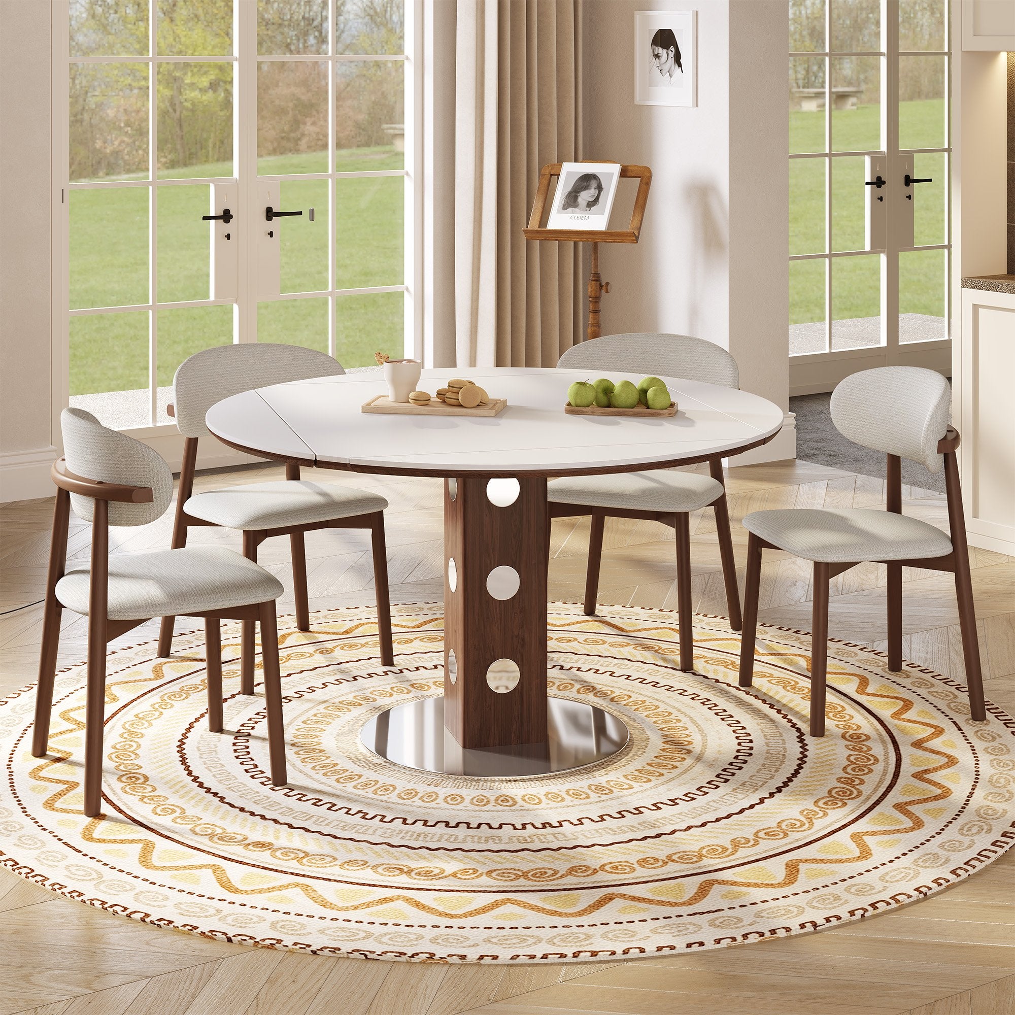 47.2' Extendable Multifunctional Round Dining Table for 4-6, Folding Kitchen Table with Drop Leaf, White Sintered Stone Top & Walnut Wood Column, Space-Saving for Small Apartments, Easy Assembly