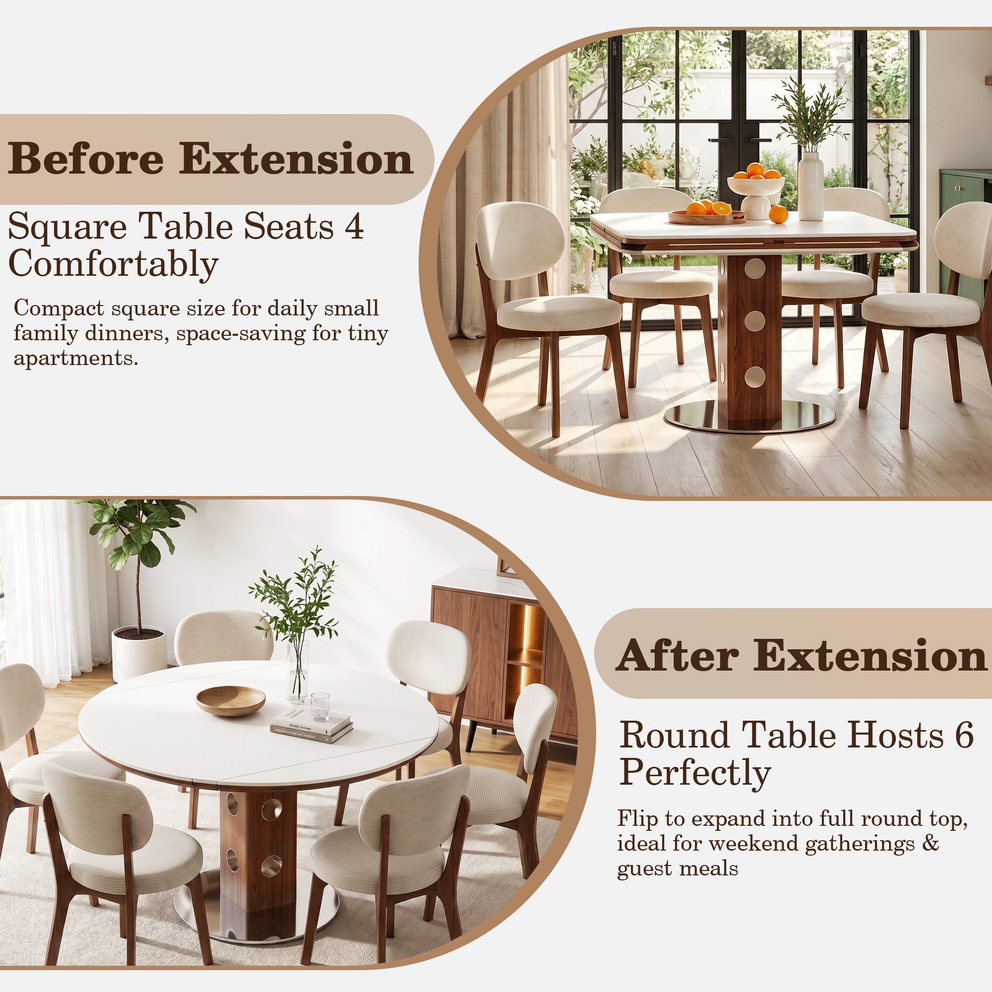 47.2' Extendable Multifunctional Round Dining Table for 4-6, Folding Kitchen Table with Drop Leaf, White Sintered Stone Top & Walnut Wood Column, Space-Saving for Small Apartments, Easy Assembly
