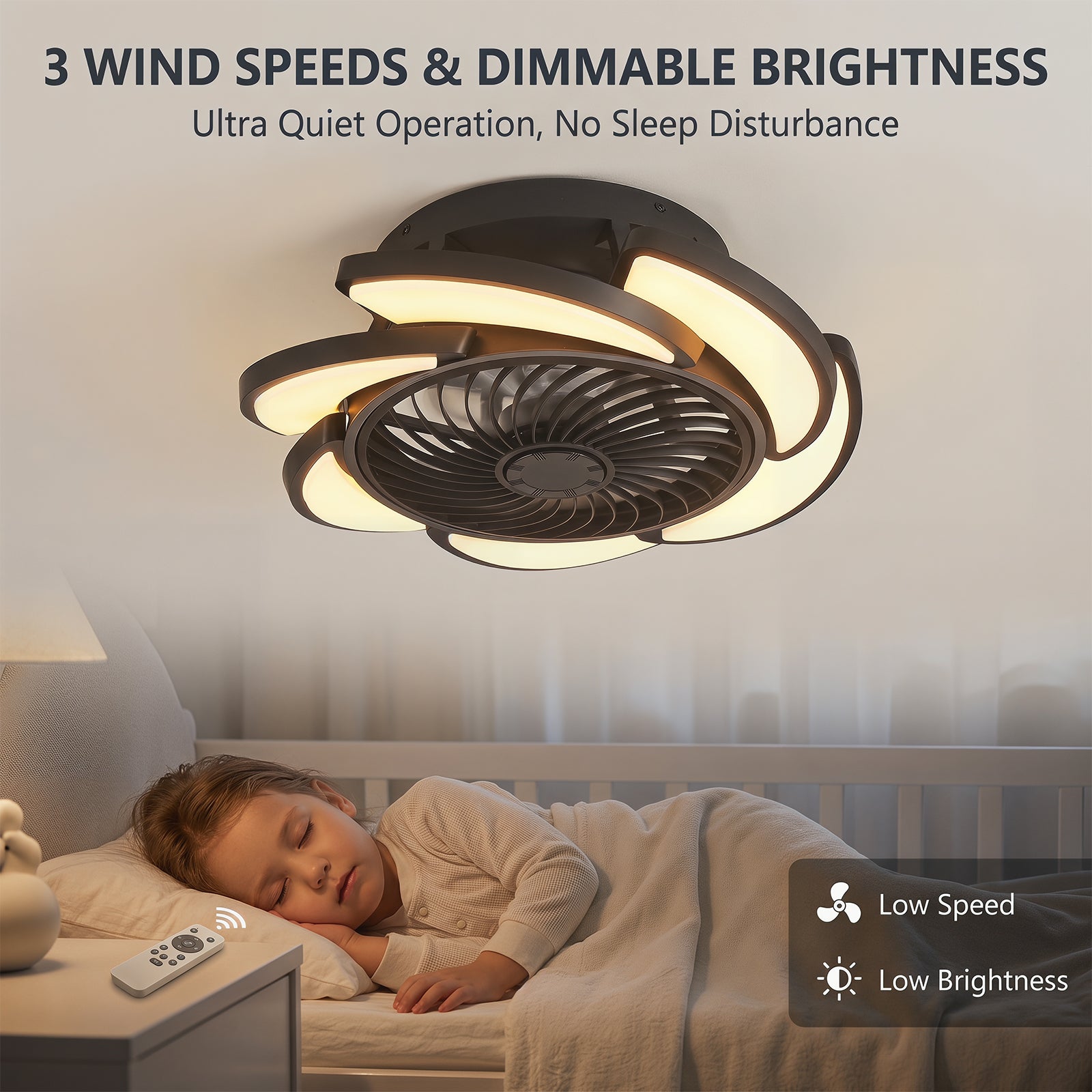 Black Bladeless Ceiling Fan with Remote Control, 6 Speeds Dimmable Light, Enclosed Low Profile for Bedroom Living Room, 17-Inch