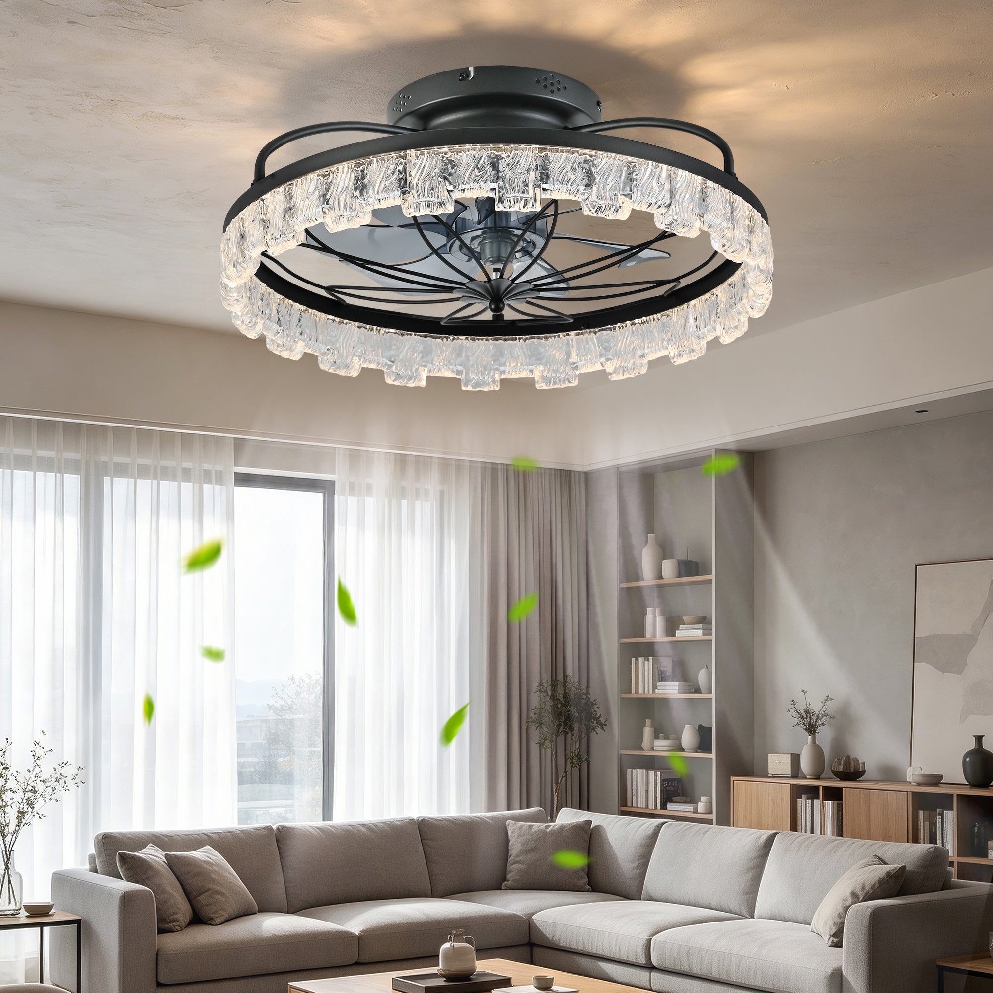 Rustic Black Ceiling Fan with Light, Farmhouse Flower Caged Ceiling Fan with Remote, LED Low Profile Ceiling Light for Bedroom Kitchen Living Room