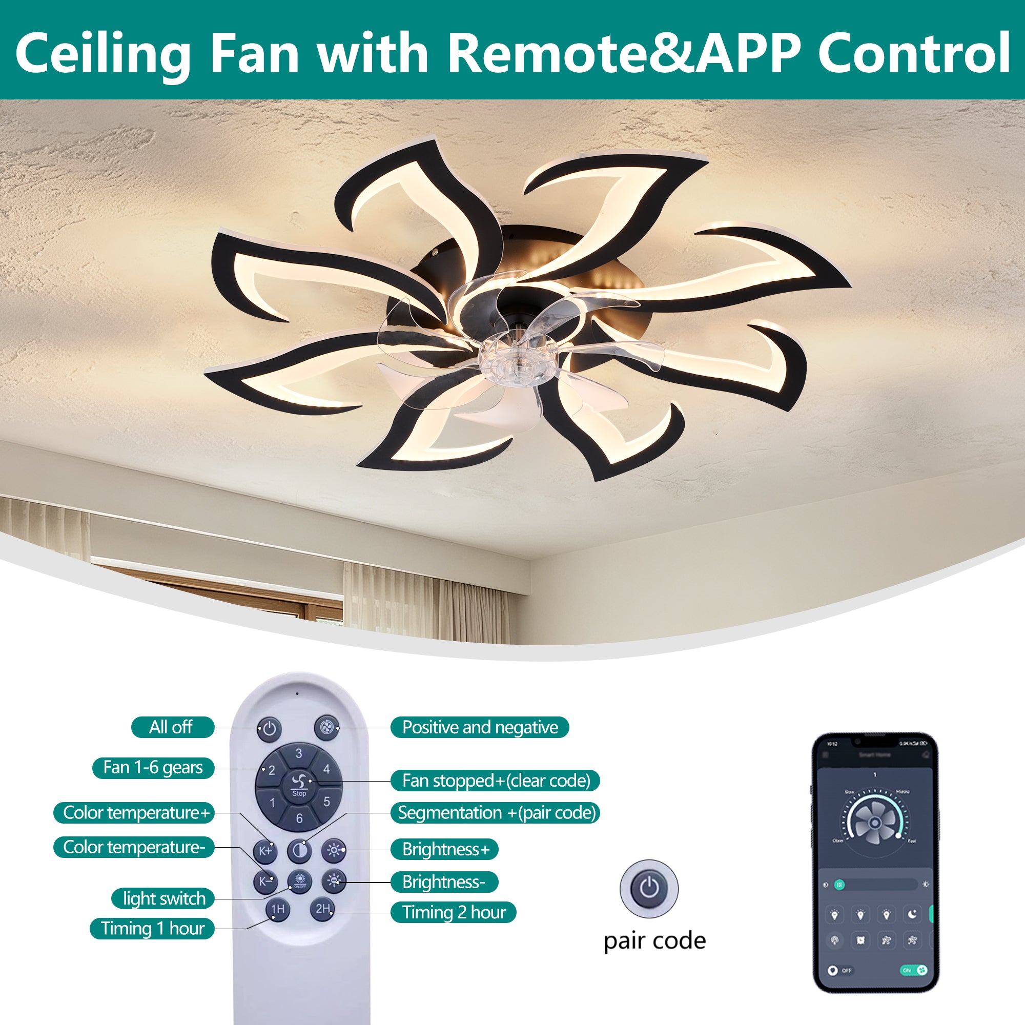 Black Flower Modern Ceiling Fan with LED Dimmable Light, 32inch Flush Mount Ceiling Fan with Remote Control for Bedroom, High-Efficiency DC Motor, 6-Speeds, Timing Function