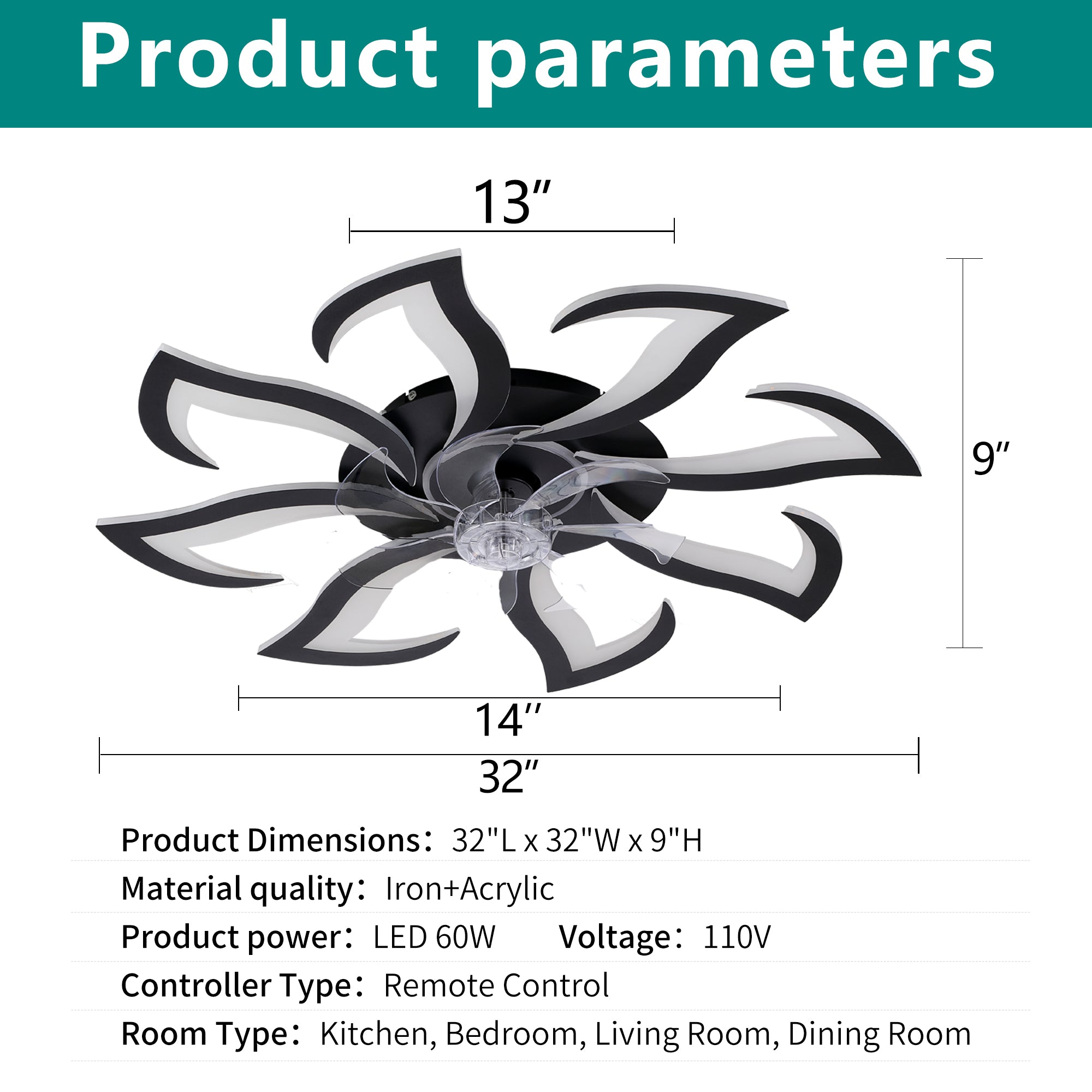 Black Flower Modern Ceiling Fan with LED Dimmable Light, 32inch Flush Mount Ceiling Fan with Remote Control for Bedroom, High-Efficiency DC Motor, 6-Speeds, Timing Function