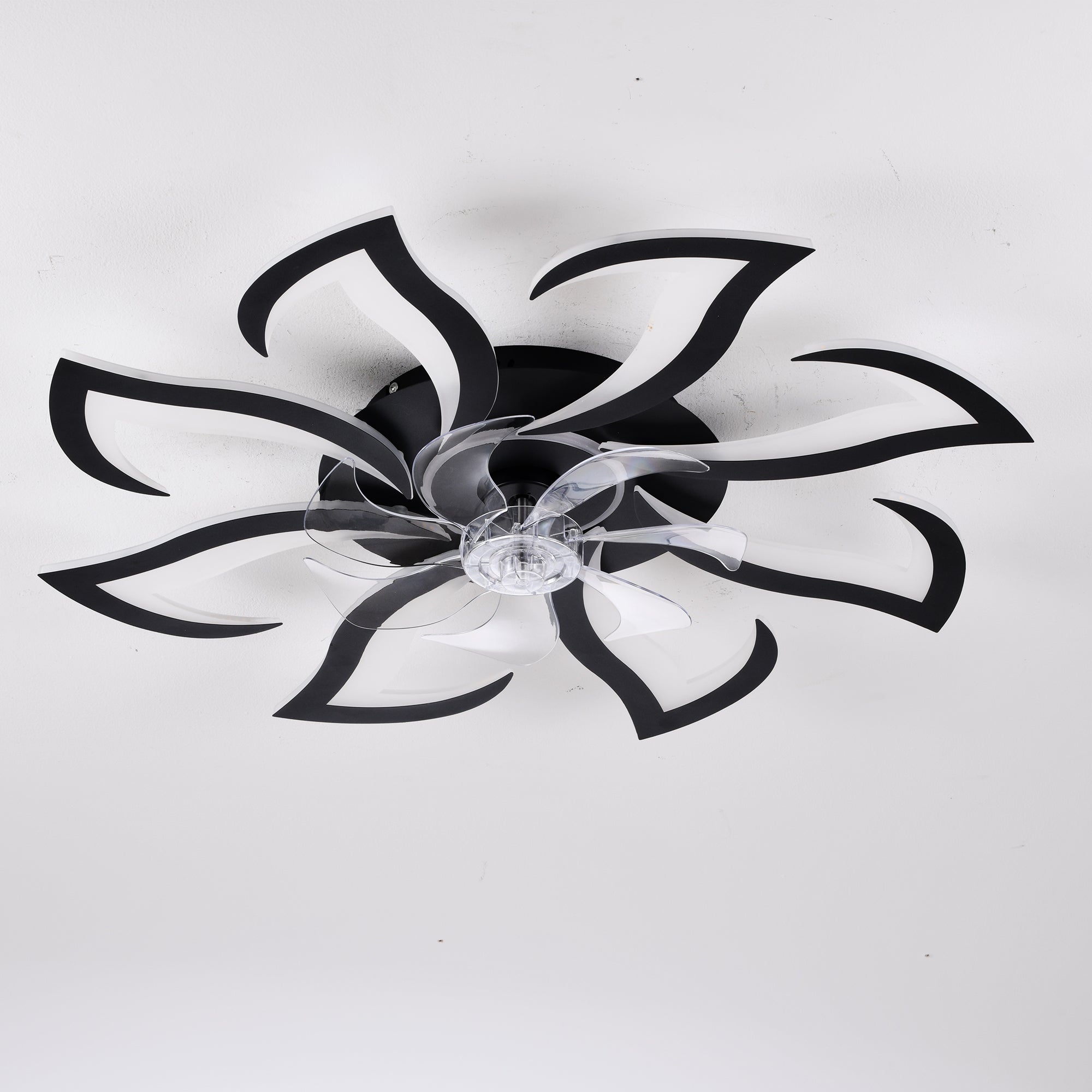 Black Flower Modern Ceiling Fan with LED Dimmable Light, 32inch Flush Mount Ceiling Fan with Remote Control for Bedroom, High-Efficiency DC Motor, 6-Speeds, Timing Function