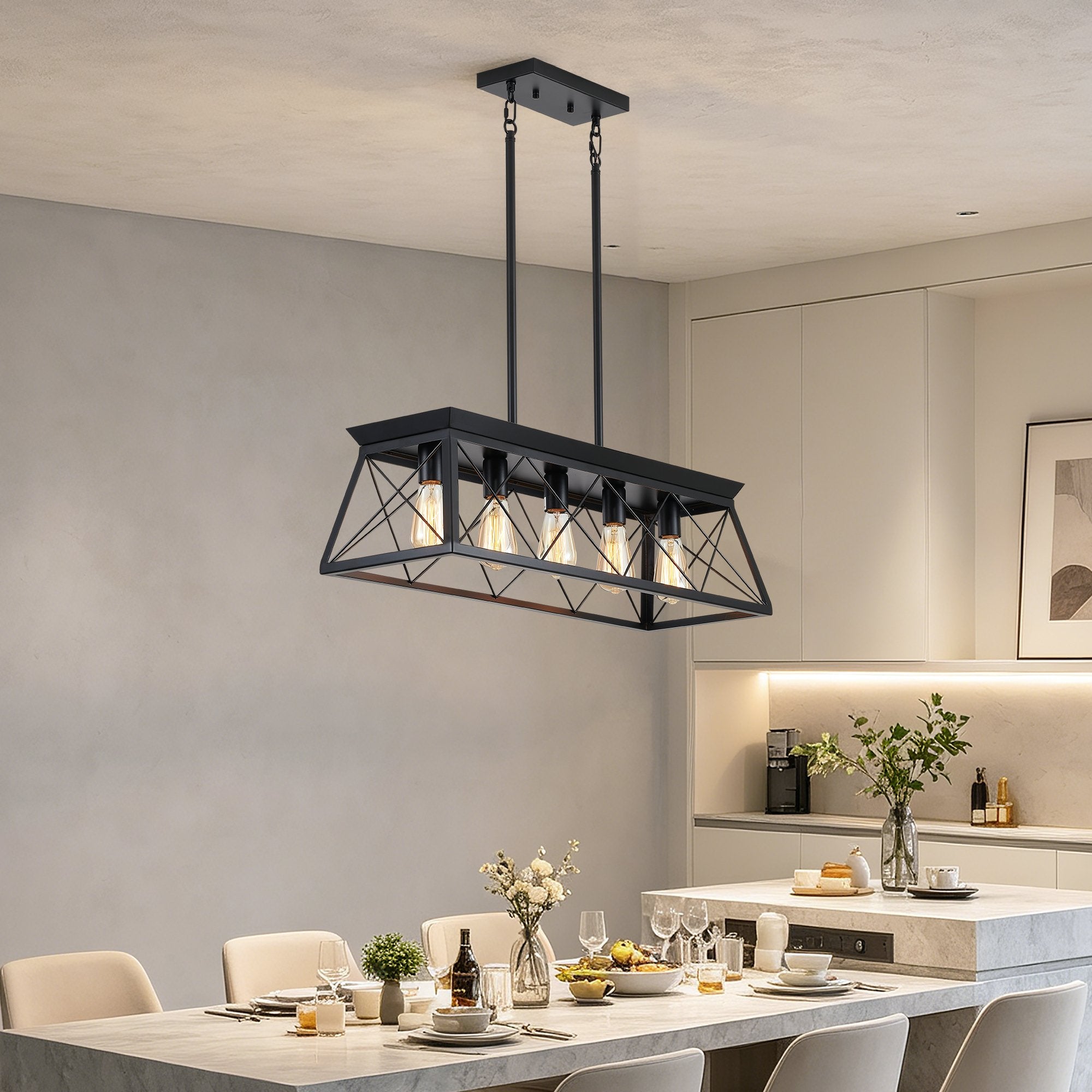 5-Light Farmhouse Chandeliers for Dining Room, Rustic Kitchen Island Lighting Pendant Light for Kitchen Dining Room Black(No Bulbs)
