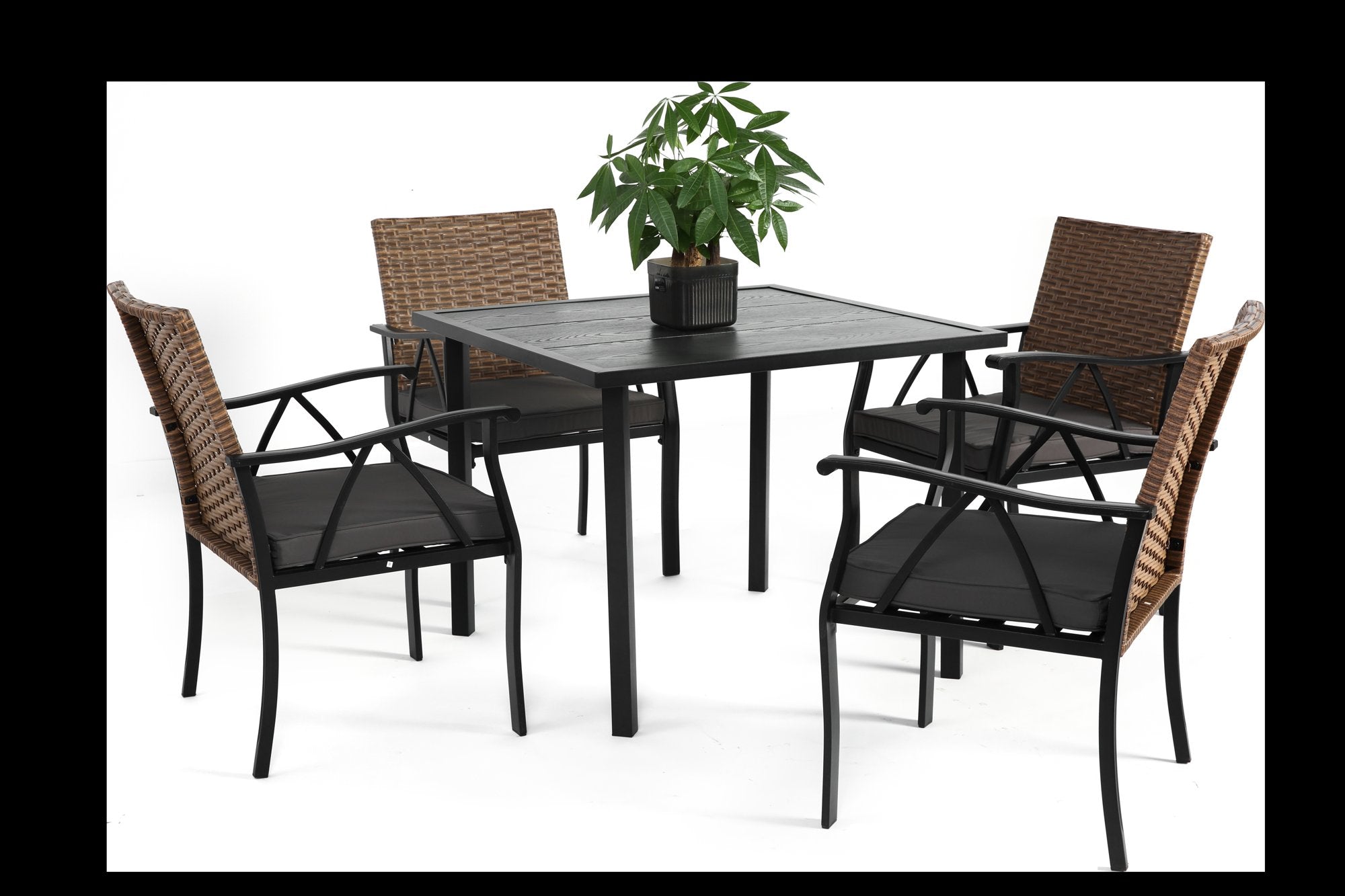5-Piece Wicker Outdoor Table and Chairs, Patio Dining Set w/Square steel Tabletop and Umbrella Hole, Patio Table and Chairs Set for Backyard Deck Balcony Front Porch