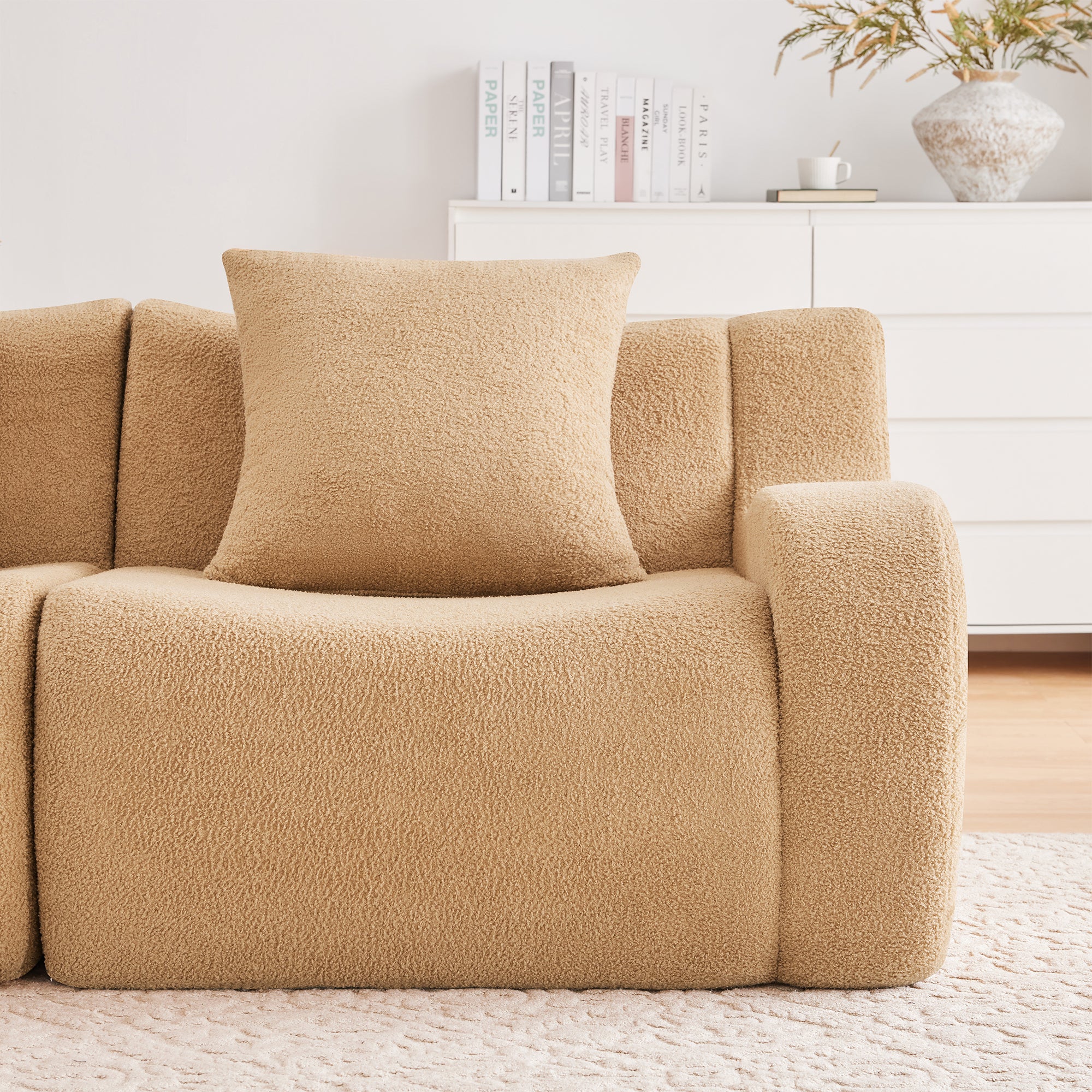 Armless Sofa W/Pillow Teddy Fabric-Camel