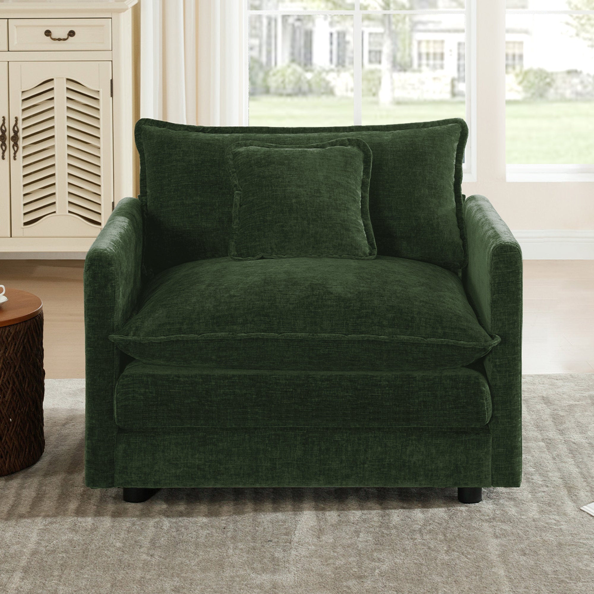Comfy Deep Single Seat Sofa Upholstered Reading Armchair Living Room Chair Green Chenille Fabric, 1 Toss Pillow