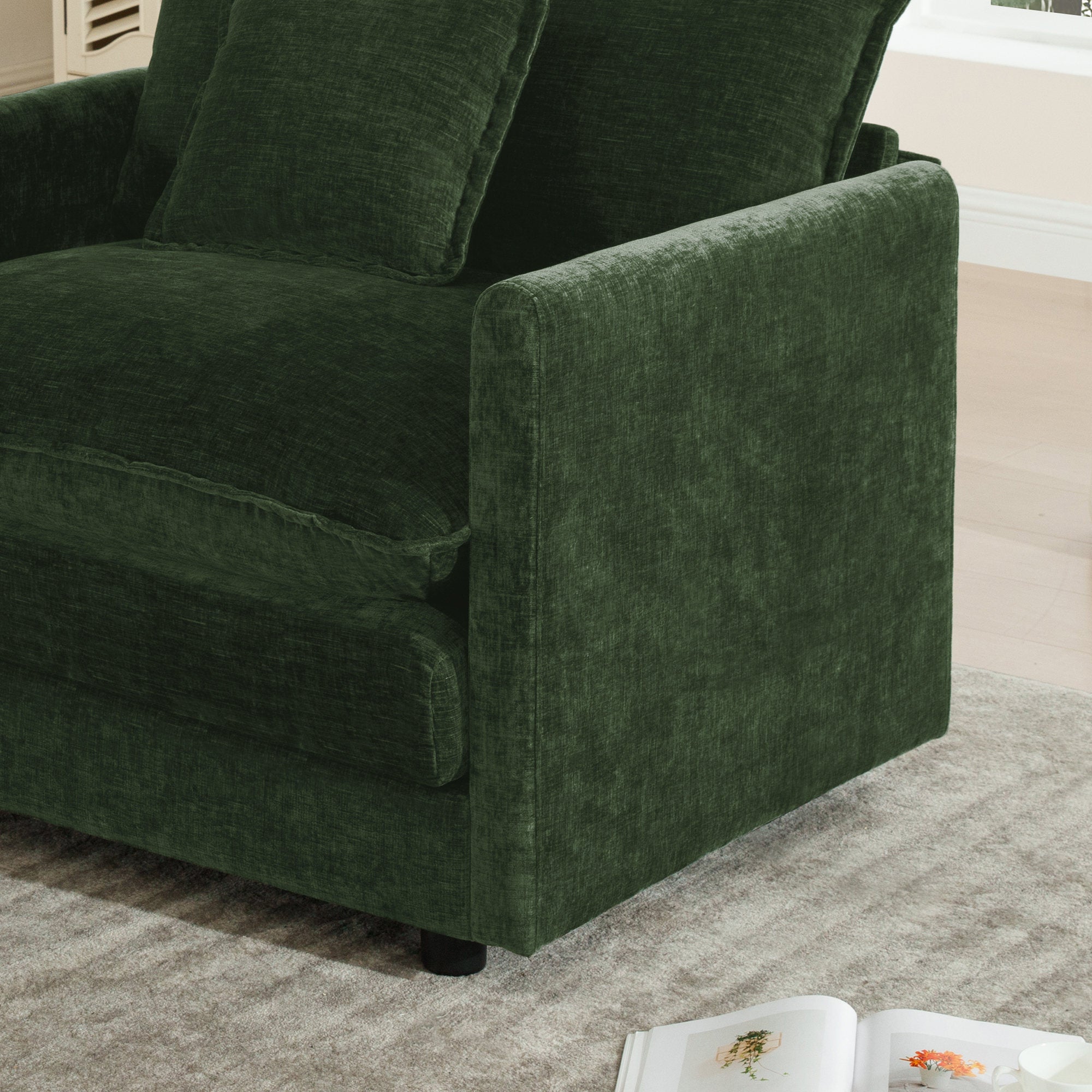 Comfy Deep Single Seat Sofa Upholstered Reading Armchair Living Room Chair Green Chenille Fabric, 1 Toss Pillow