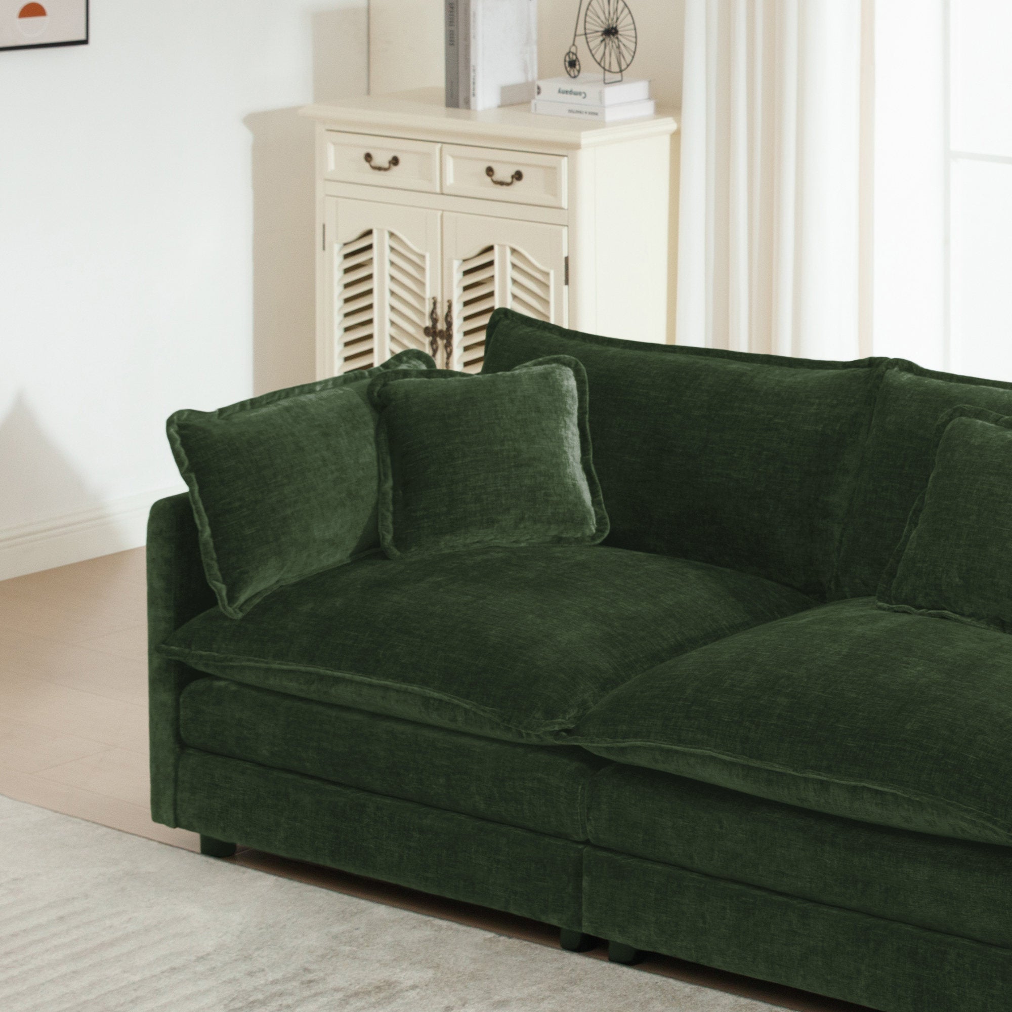 Comfy Deep Single Seat Sofa Upholstered Reading Armchair Living Room Chair Green Chenille Fabric, 1 Toss Pillow