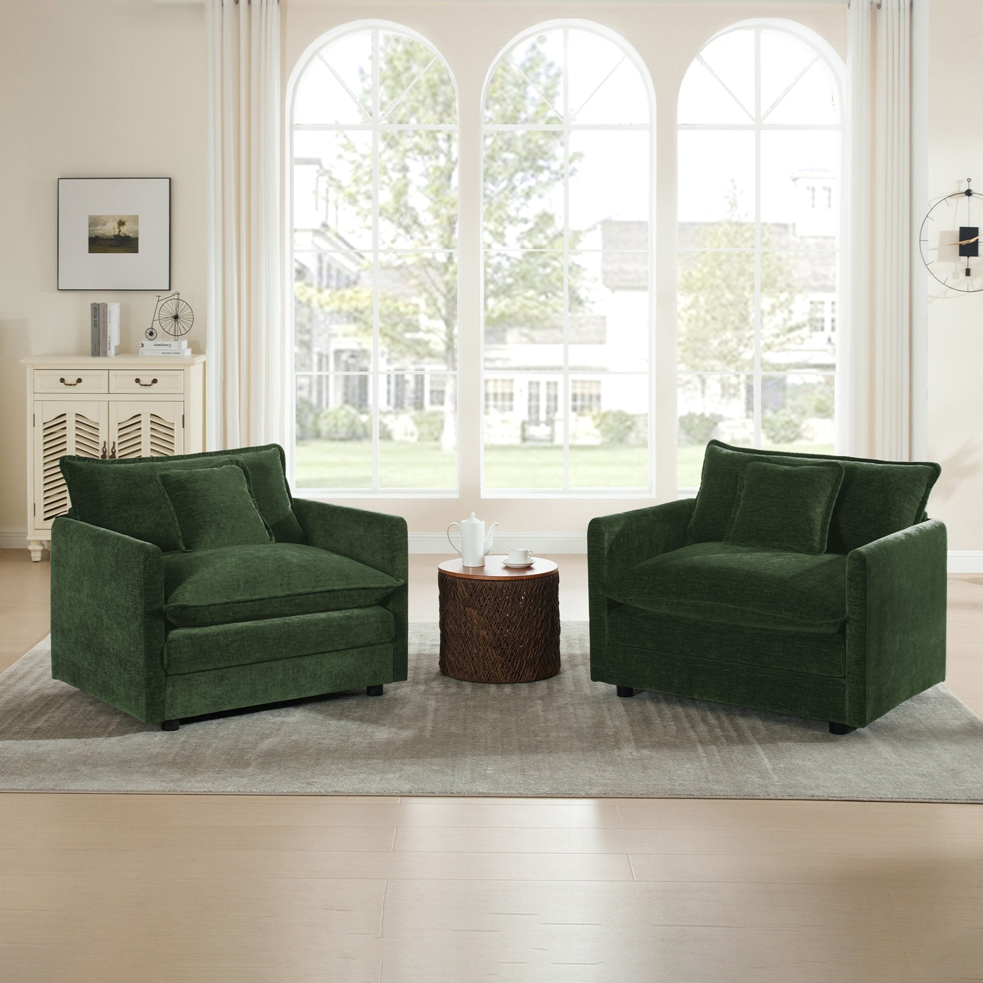 Accent Chair Set of 2, High-end Chenille Upholstered Armchairs, Living Room Side Chairs with Toss Pillow, Green Chenille