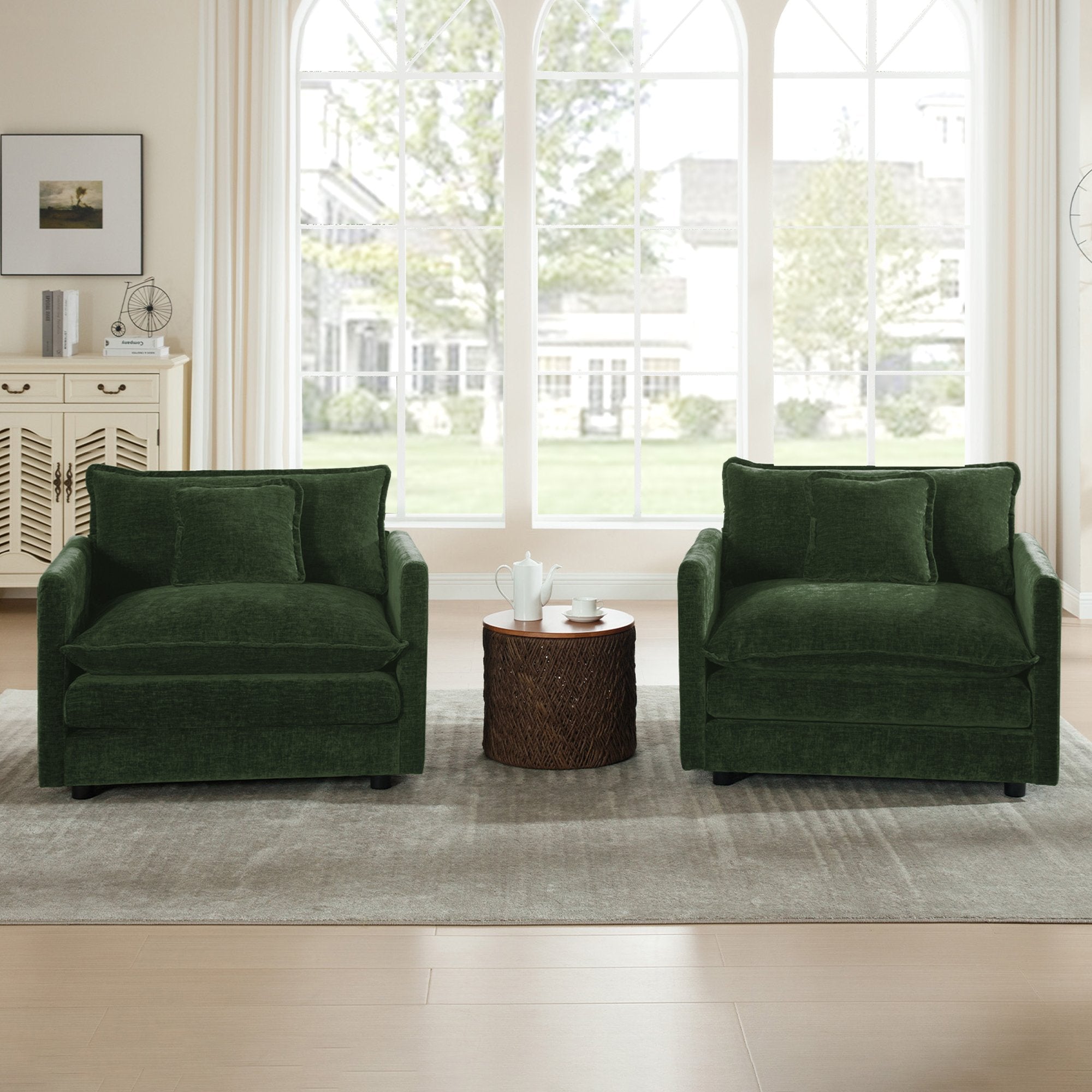 Accent Chair Set of 2, High-end Chenille Upholstered Armchairs, Living Room Side Chairs with Toss Pillow, Green Chenille