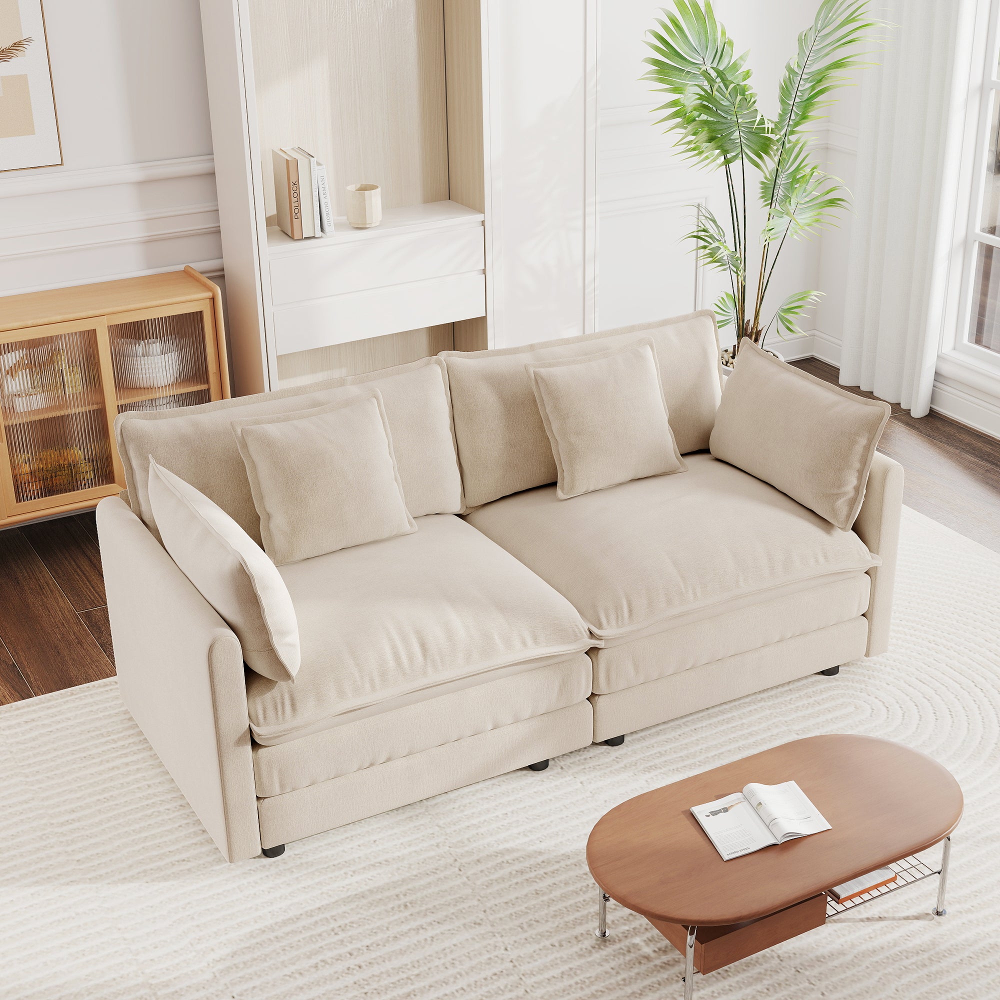 Modern Fabric Loveseat Sofa Couch, Upholstered Large Size Deep Seat 2-Seat Sofa with 4 Pillows, Light Coffee Chenille