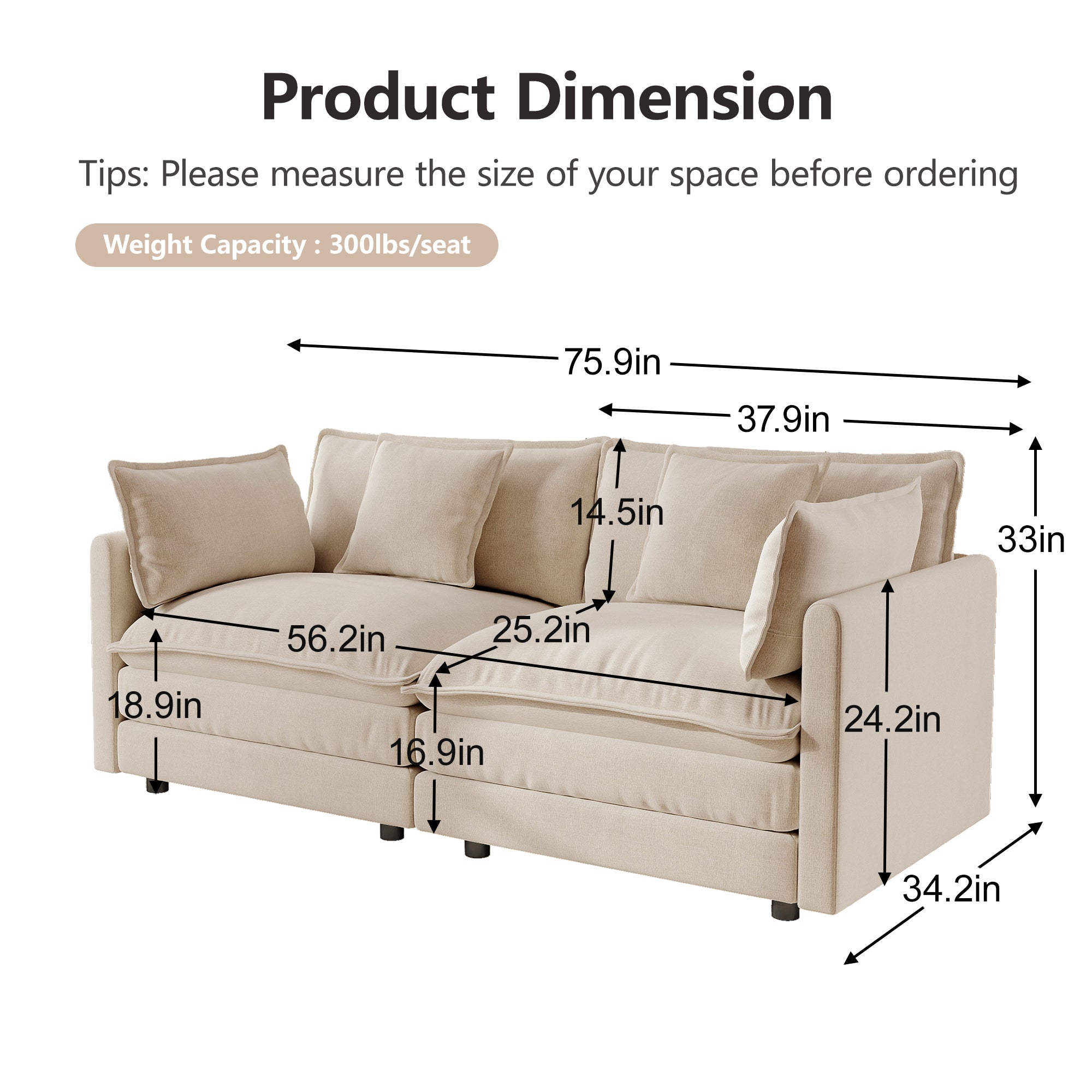 Modern Fabric Loveseat Sofa Couch, Upholstered Large Size Deep Seat 2-Seat Sofa with 4 Pillows, Light Coffee Chenille