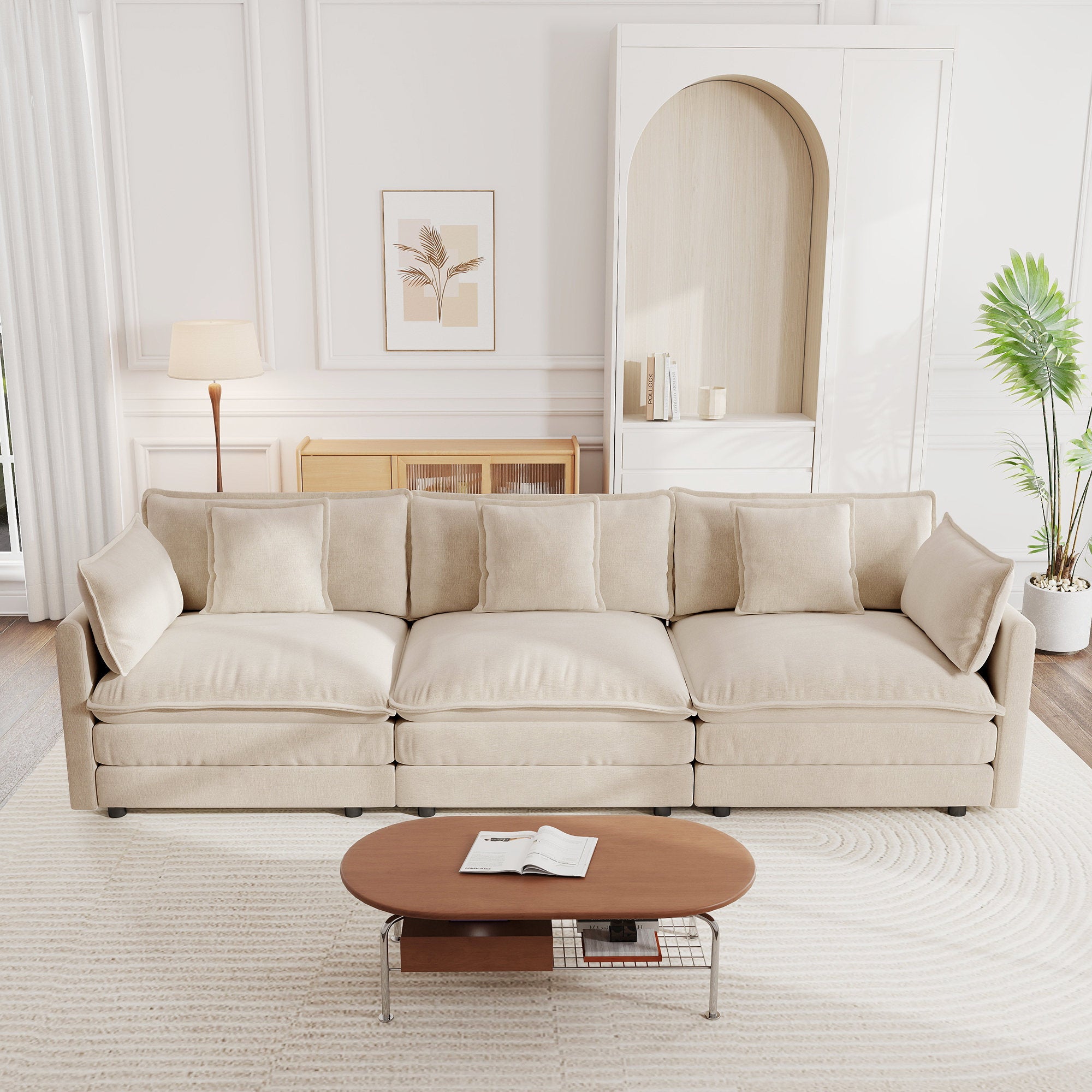 Mid-Century Modern Couch 3-Seater Sofa with 2 Armrest Pillows and 3 Toss Pillows, Couch for Living Room Light Coffee Chenille