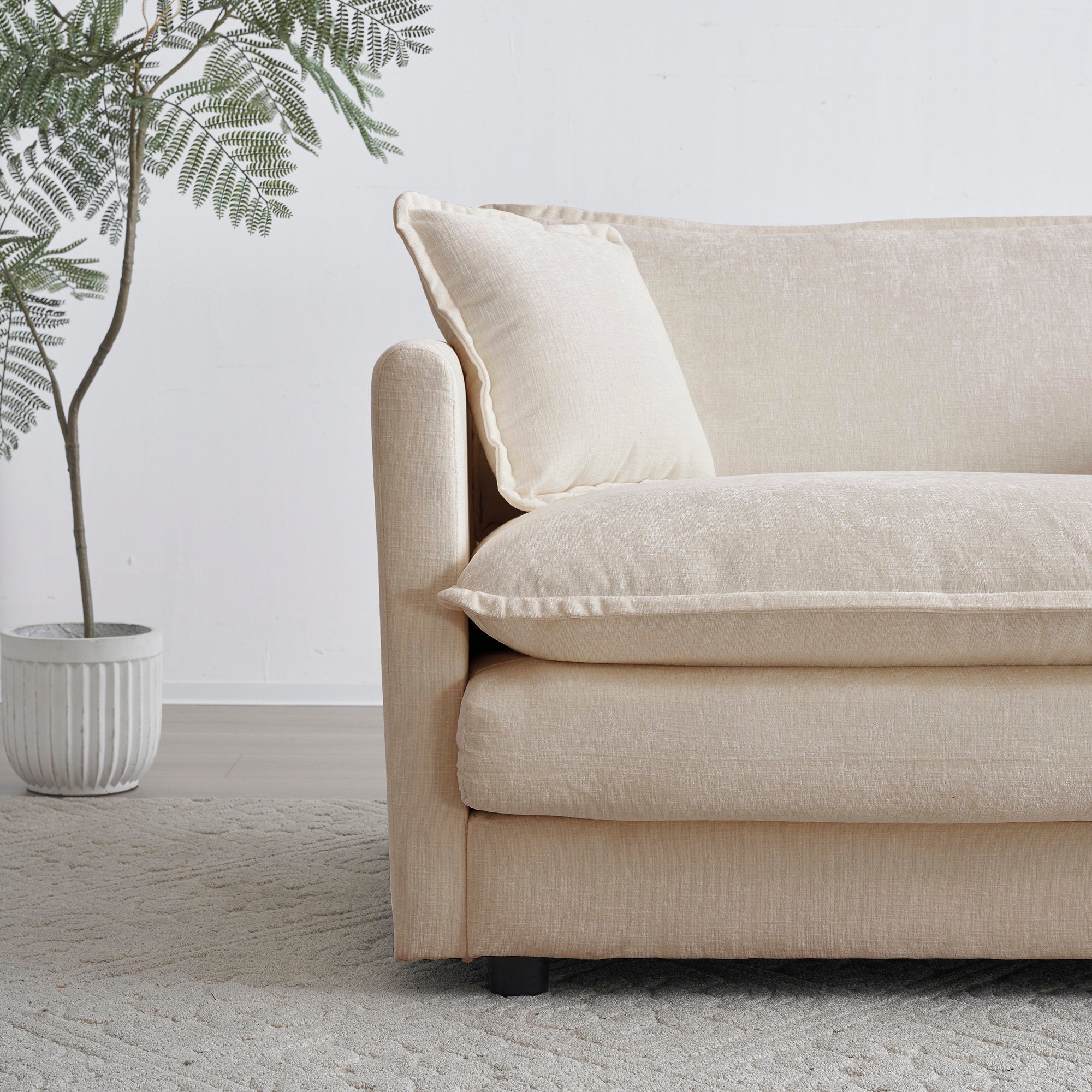 Mid-Century Modern Couch 3-Seater Sofa with 2 Armrest Pillows and 3 Toss Pillows, Couch for Living Room Light Coffee Chenille