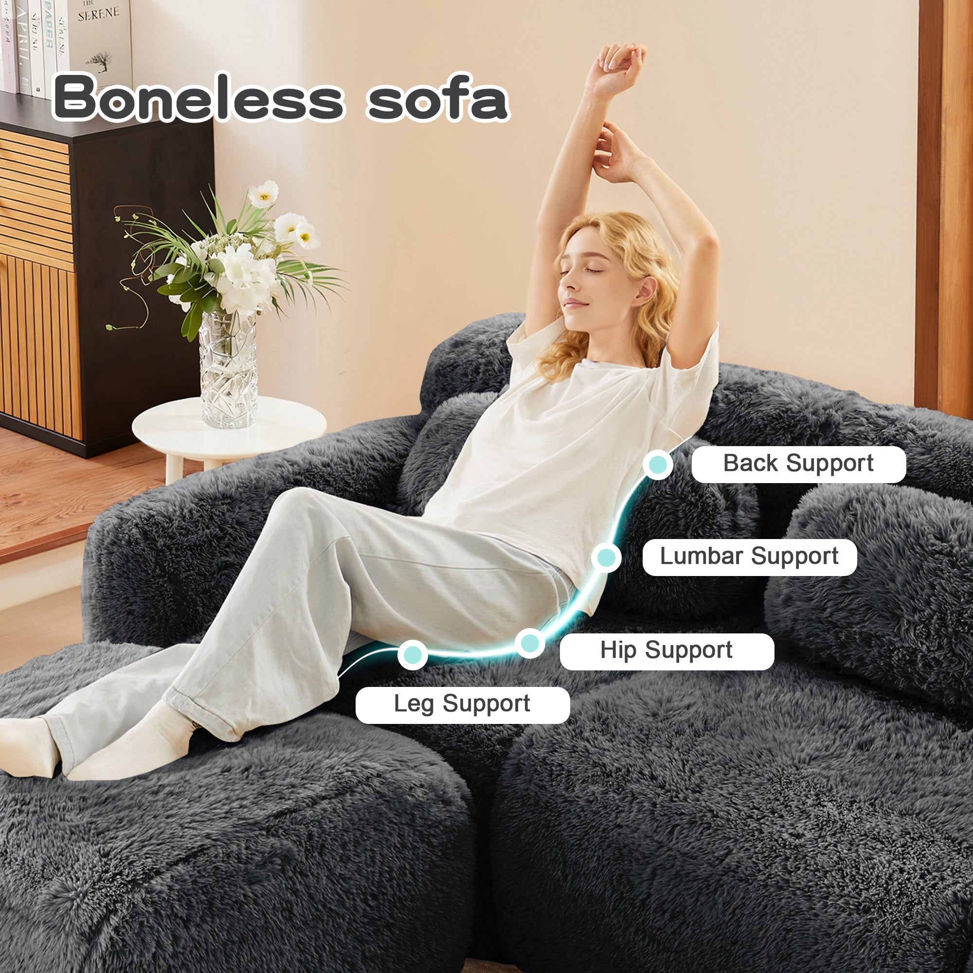 U-shaped Boneless Sofa 32D High Density Sponge Bottom Anti-Slip Design No Assembly Required Ergonomic Design Free Combination Full-compression Vacuum Packaging For Living Rooms,Studies,Dark Grey