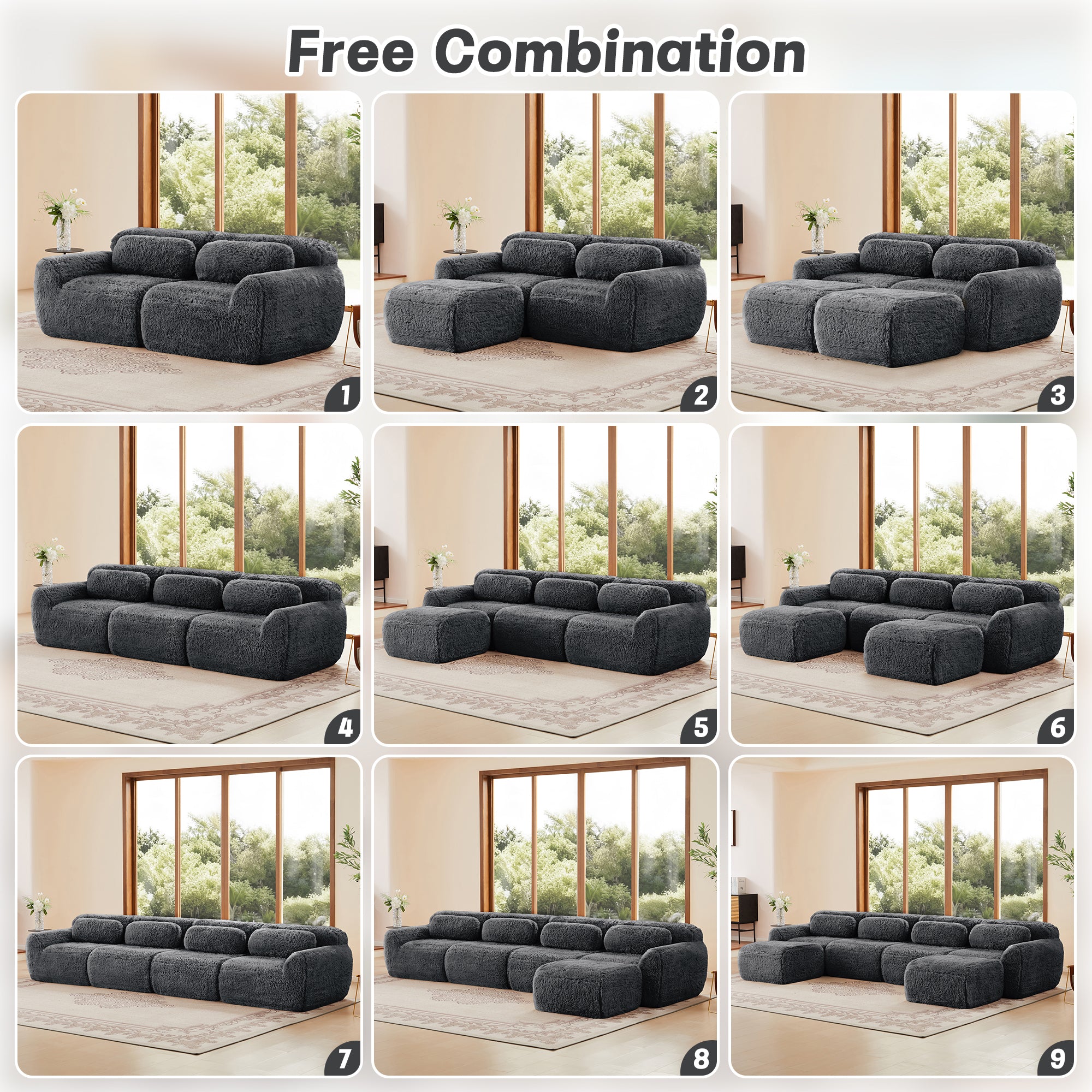 U-shaped Boneless Sofa 32D High Density Sponge Bottom Anti-Slip Design No Assembly Required Ergonomic Design Free Combination Full-compression Vacuum Packaging For Living Rooms,Studies,Dark Grey