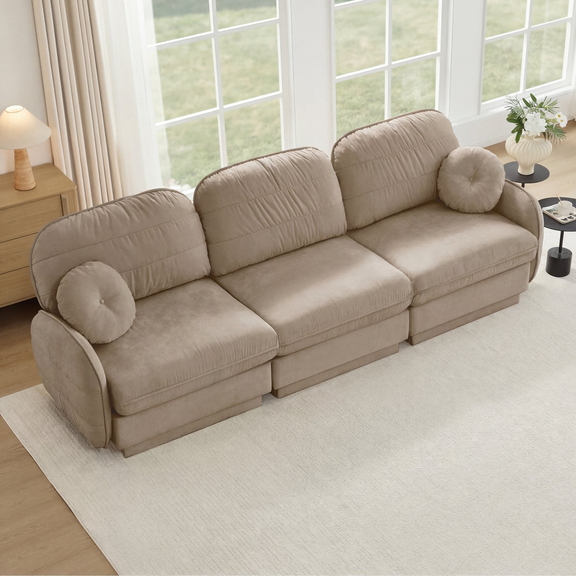 105'Chenille Cloud 3-Seater Sofa,Exquisite round pillows and quilted back cushions,Recessed Base Frame Legs,Ergonomic Design Bottom,Easy Assembly,Deep Seat Sofa Couch For Living Room,Light coffee
