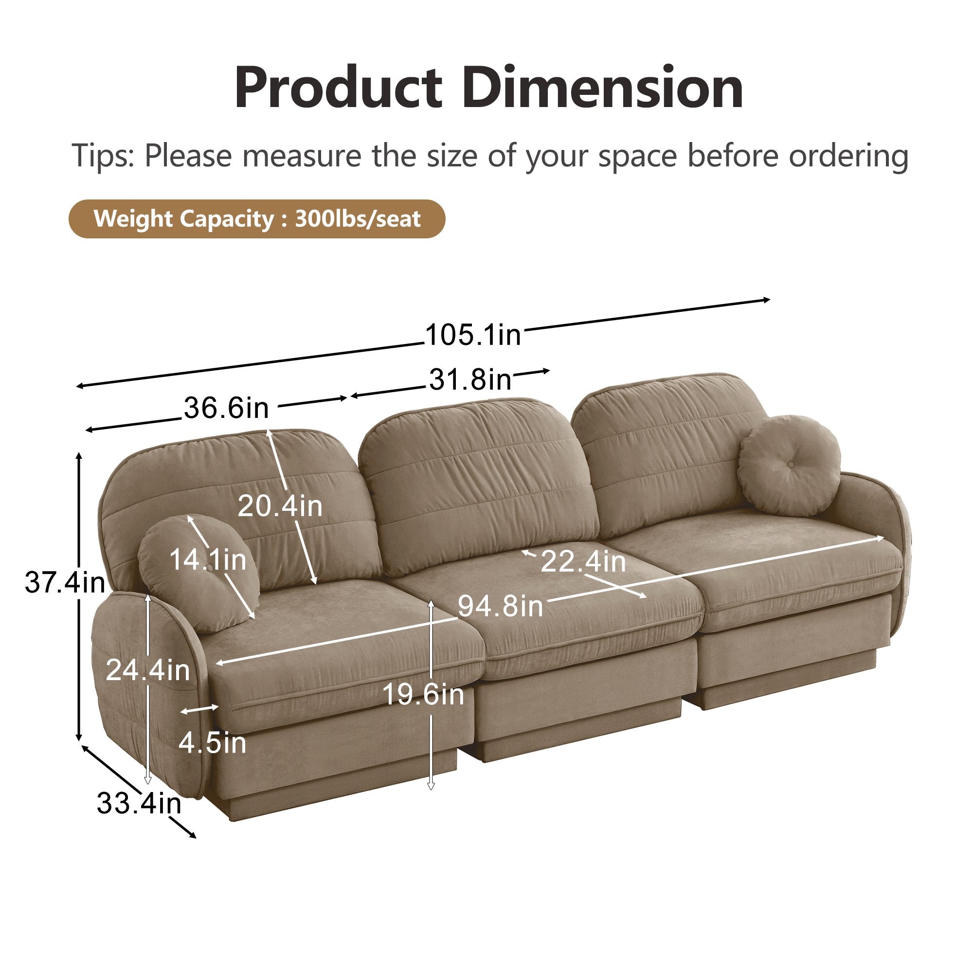 105'Chenille Cloud 3-Seater Sofa,Exquisite round pillows and quilted back cushions,Recessed Base Frame Legs,Ergonomic Design Bottom,Easy Assembly,Deep Seat Sofa Couch For Living Room,Light coffee