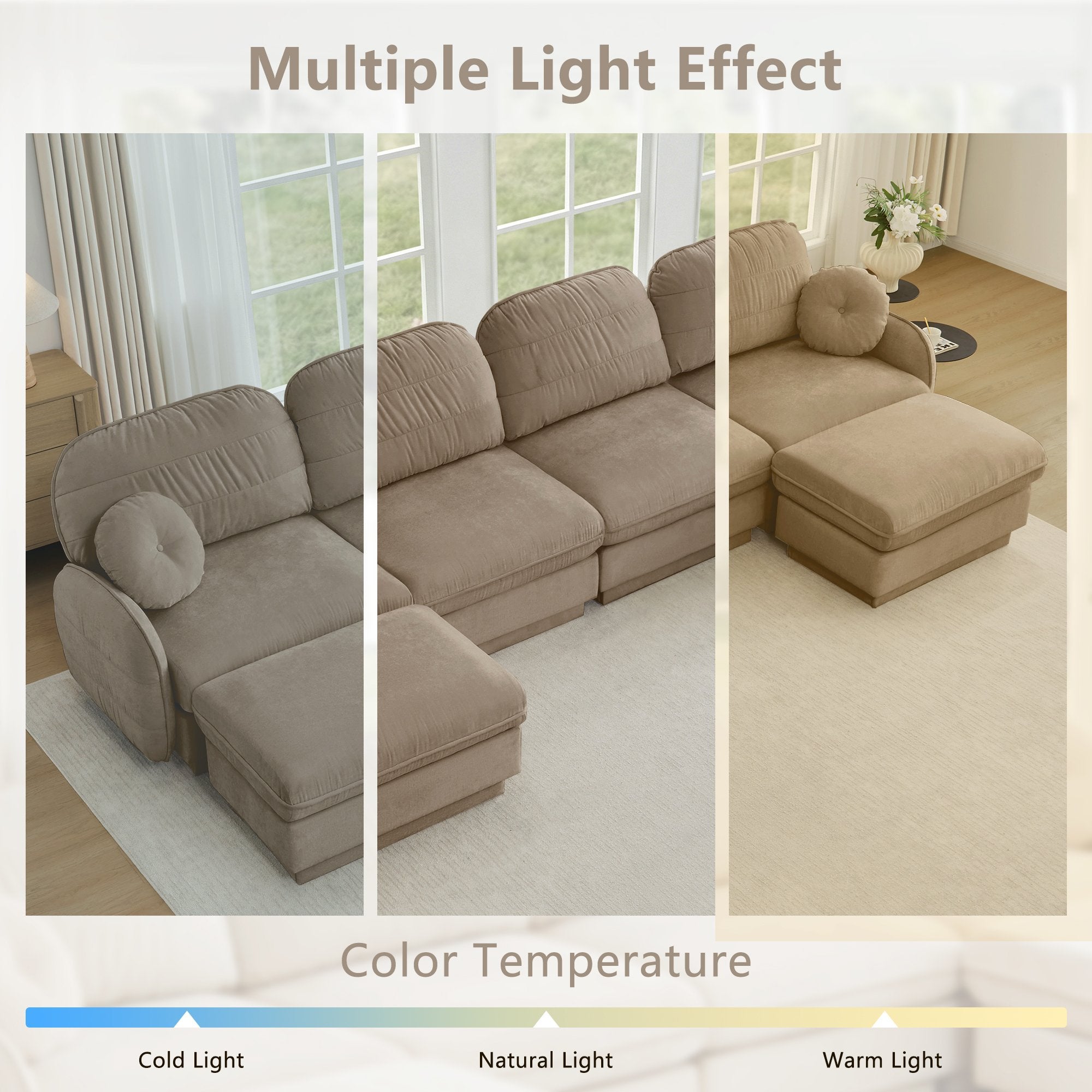 105'Chenille Cloud 3-Seater Sofa,Exquisite round pillows and quilted back cushions,Recessed Base Frame Legs,Ergonomic Design Bottom,Easy Assembly,Deep Seat Sofa Couch For Living Room,Light coffee
