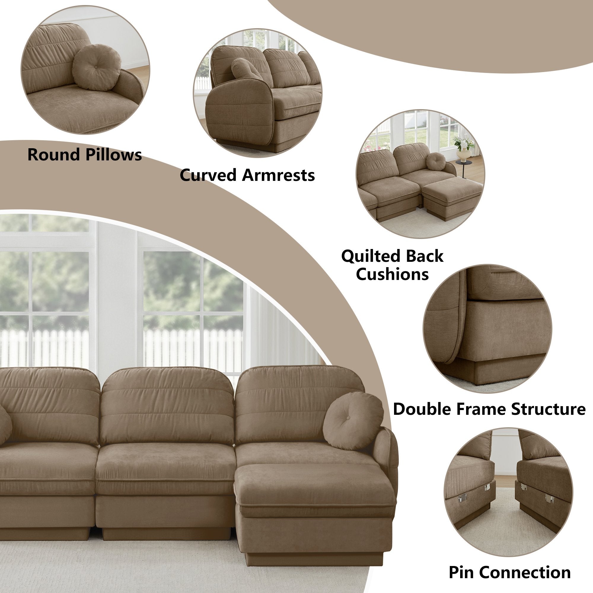 105'Chenille Cloud 3-Seater Sofa,Exquisite round pillows and quilted back cushions,Recessed Base Frame Legs,Ergonomic Design Bottom,Easy Assembly,Deep Seat Sofa Couch For Living Room,Light coffee