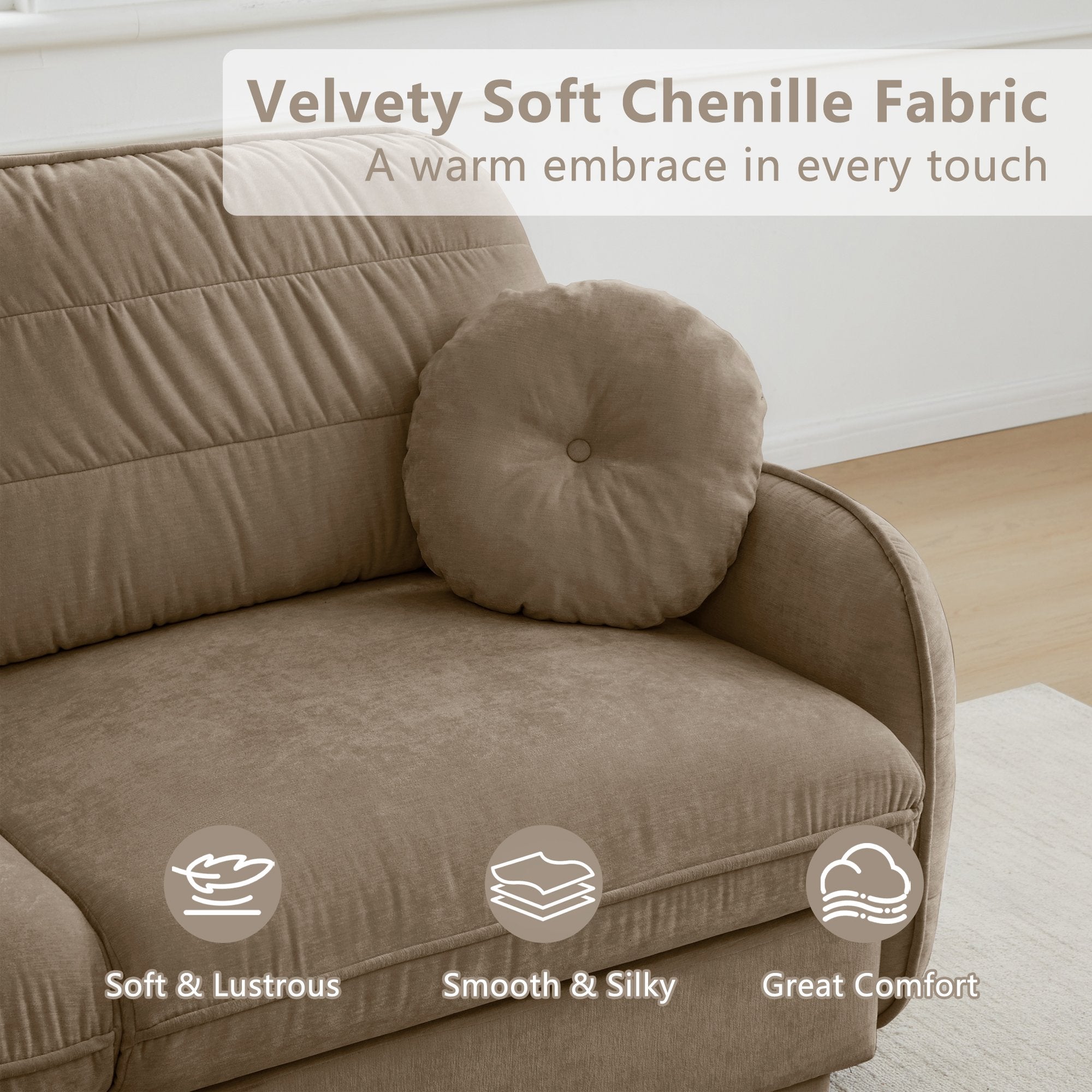 105'Chenille Cloud 3-Seater Sofa,Exquisite round pillows and quilted back cushions,Recessed Base Frame Legs,Ergonomic Design Bottom,Easy Assembly,Deep Seat Sofa Couch For Living Room,Light coffee