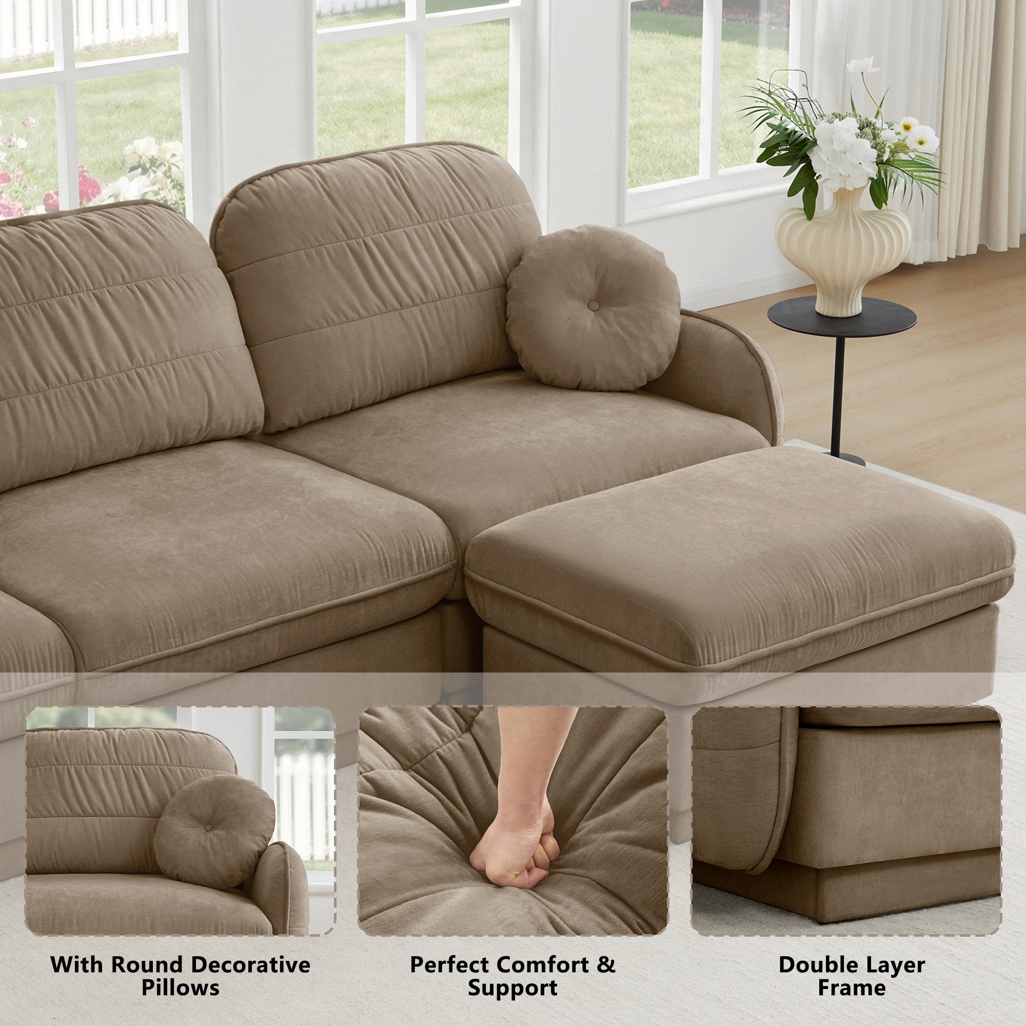 105'Chenille Cloud 3-Seater Sofa,Exquisite round pillows and quilted back cushions,Recessed Base Frame Legs,Ergonomic Design Bottom,Easy Assembly,Deep Seat Sofa Couch For Living Room,Light coffee