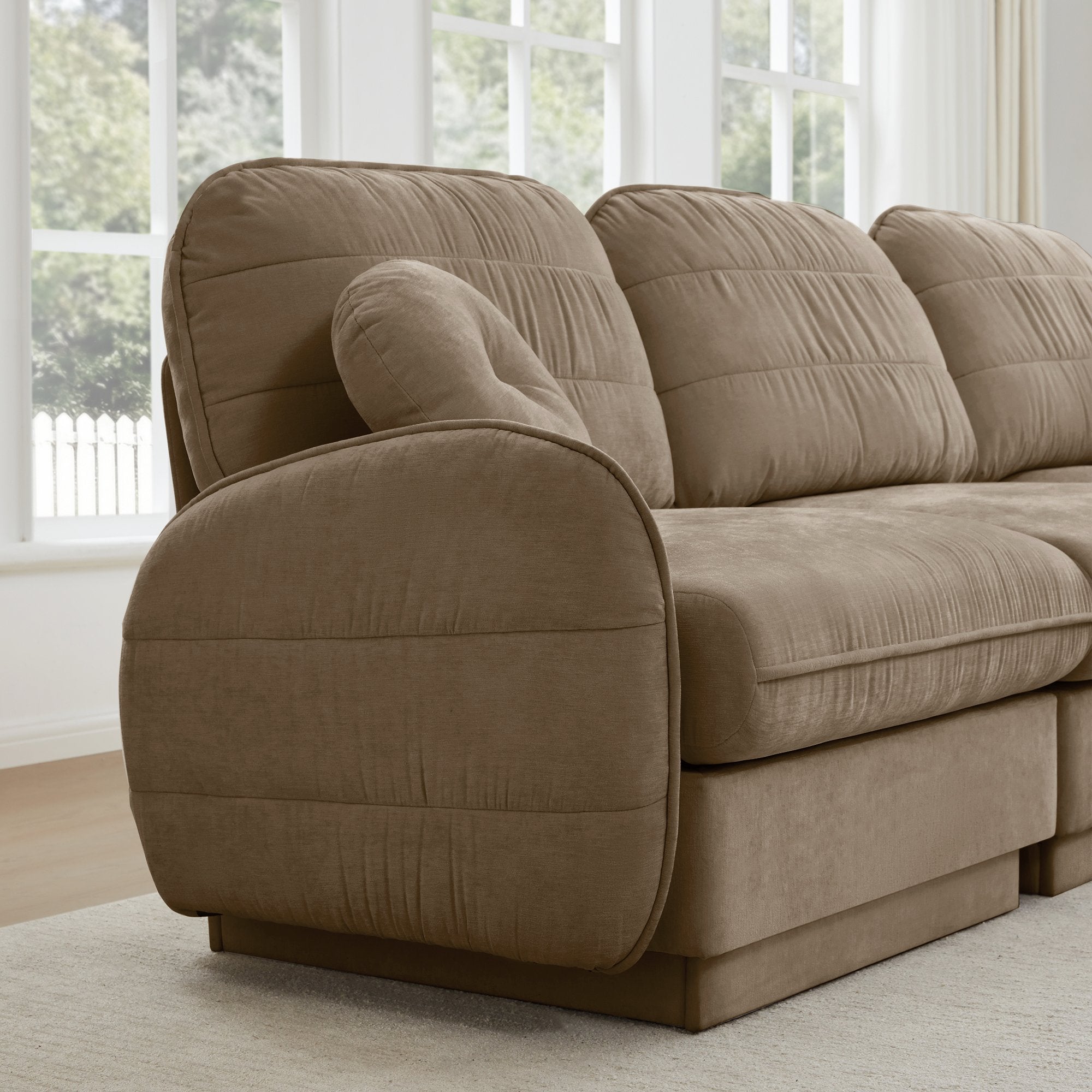 105'Chenille Cloud 3-Seater Sofa,Exquisite round pillows and quilted back cushions,Recessed Base Frame Legs,Ergonomic Design Bottom,Easy Assembly,Deep Seat Sofa Couch For Living Room,Light coffee