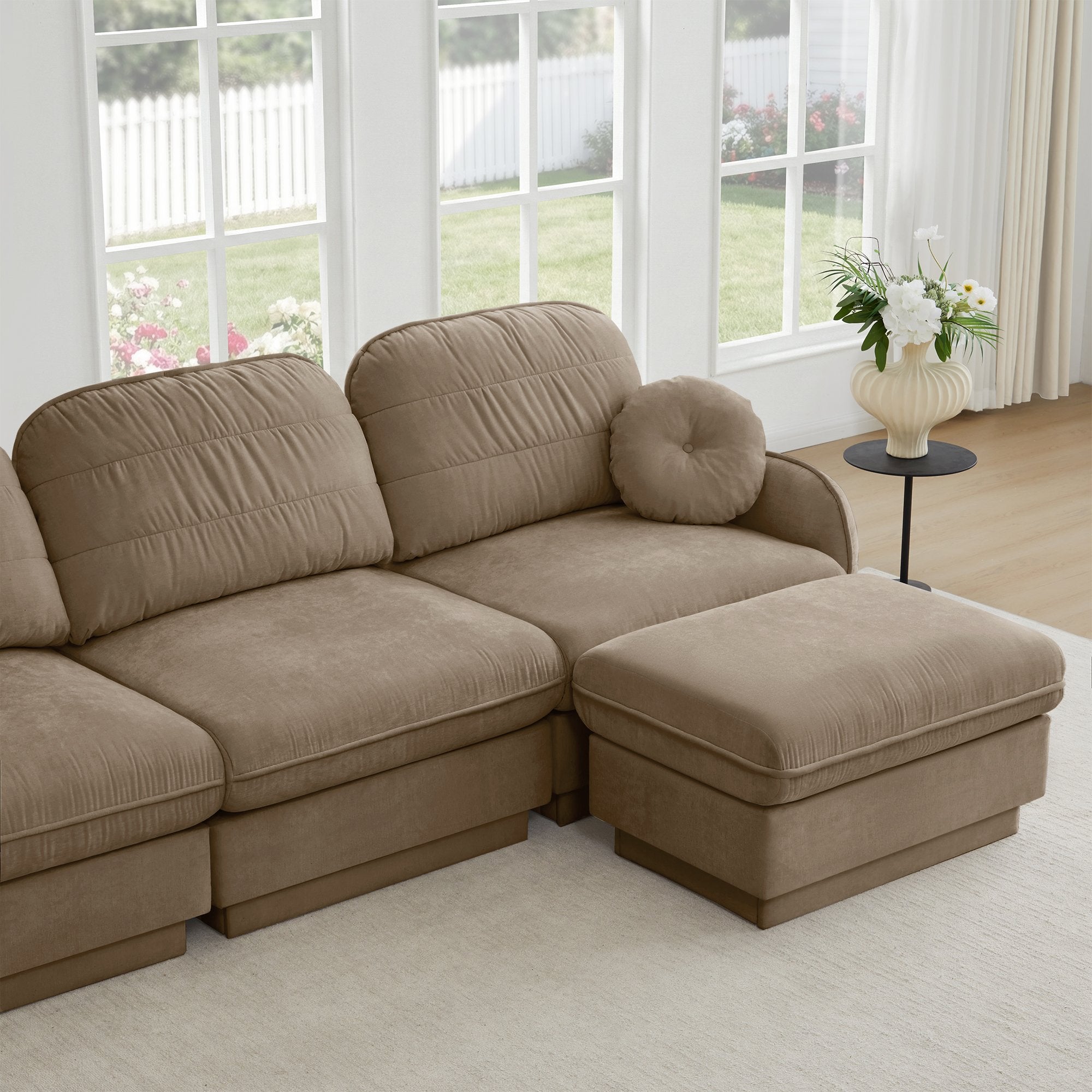105'Chenille Cloud 3-Seater Sofa,Exquisite round pillows and quilted back cushions,Recessed Base Frame Legs,Ergonomic Design Bottom,Easy Assembly,Deep Seat Sofa Couch For Living Room,Light coffee