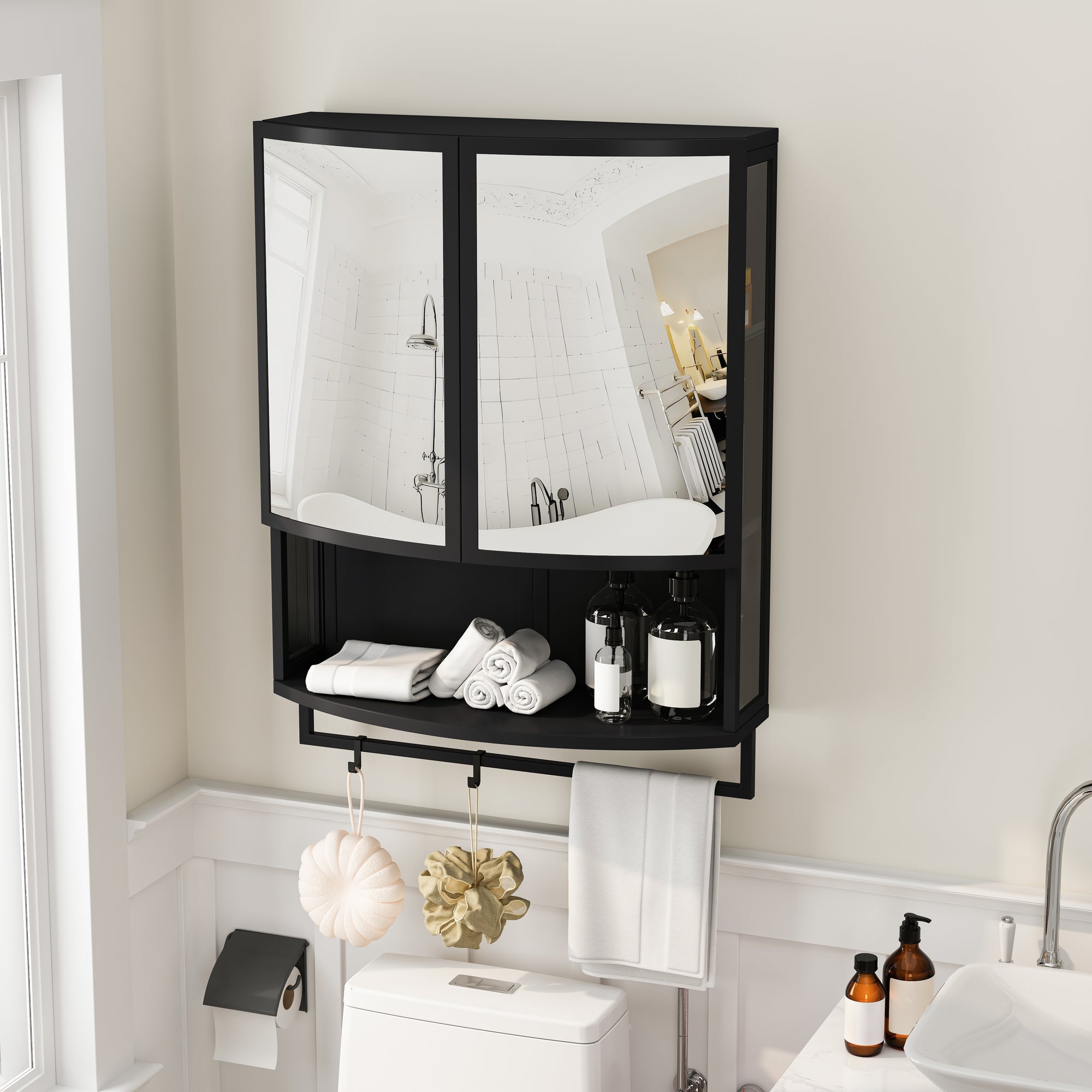 Modern Arched Glass Double-Door Wardrobe with Shatterproof Mirror, Double-Layer Storage, Open Shelf & Towel Rack in Black Iron Frame, 23.62'L x 8.85'W x 31.5'H