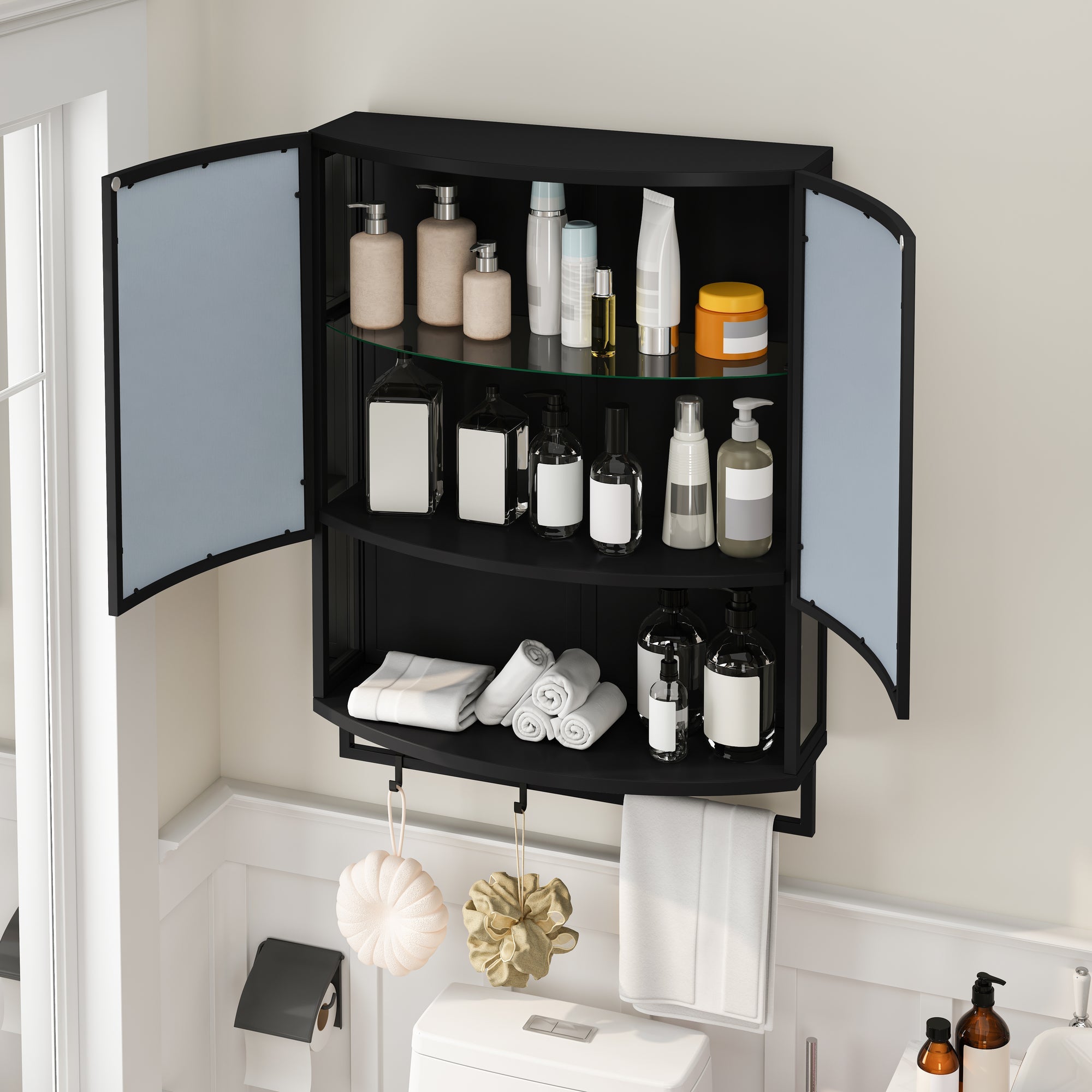 Modern Arched Glass Double-Door Wardrobe with Shatterproof Mirror, Double-Layer Storage, Open Shelf & Towel Rack in Black Iron Frame, 23.62'L x 8.85'W x 31.5'H