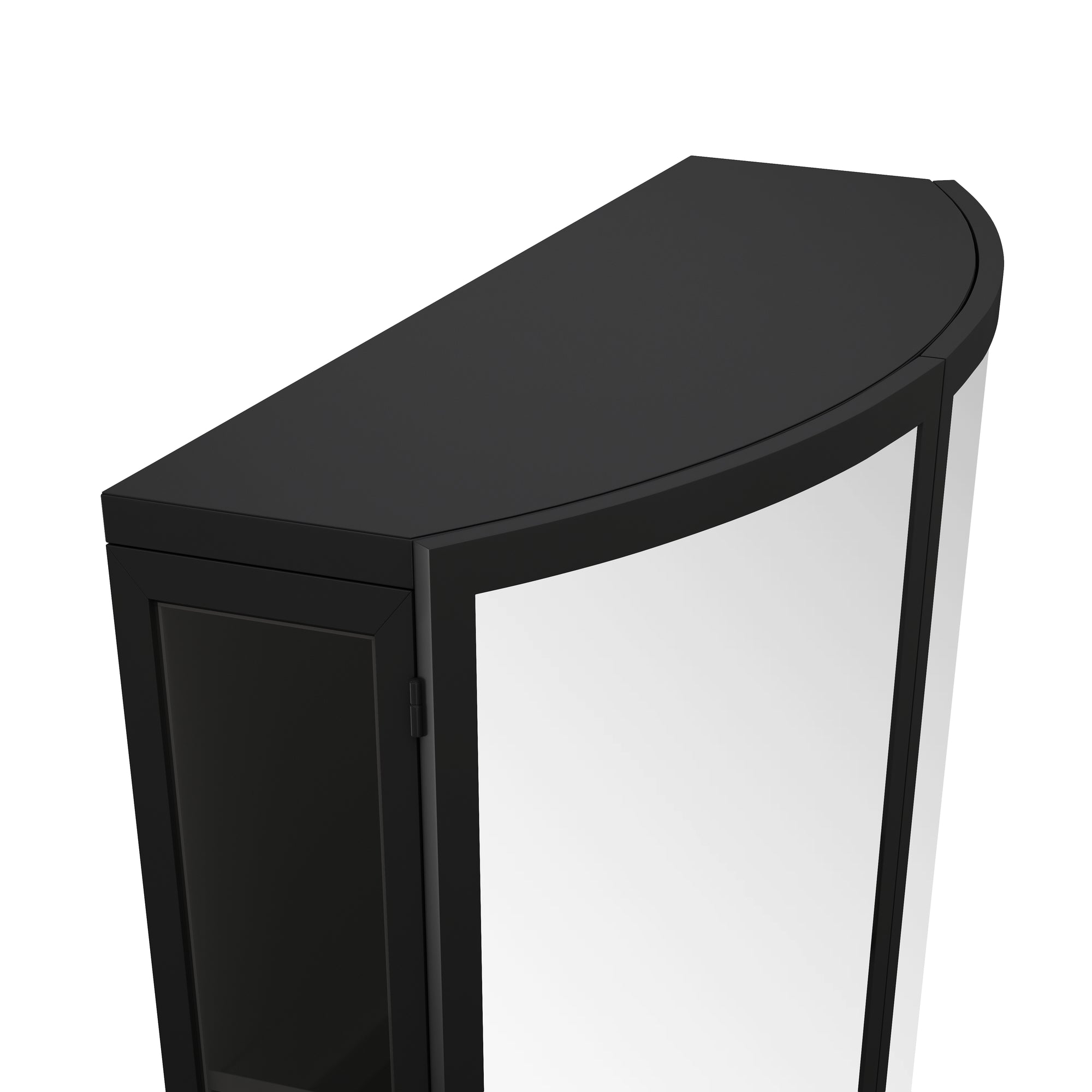 Modern Arched Glass Double-Door Wardrobe with Shatterproof Mirror, Double-Layer Storage, Open Shelf & Towel Rack in Black Iron Frame, 23.62'L x 8.85'W x 31.5'H