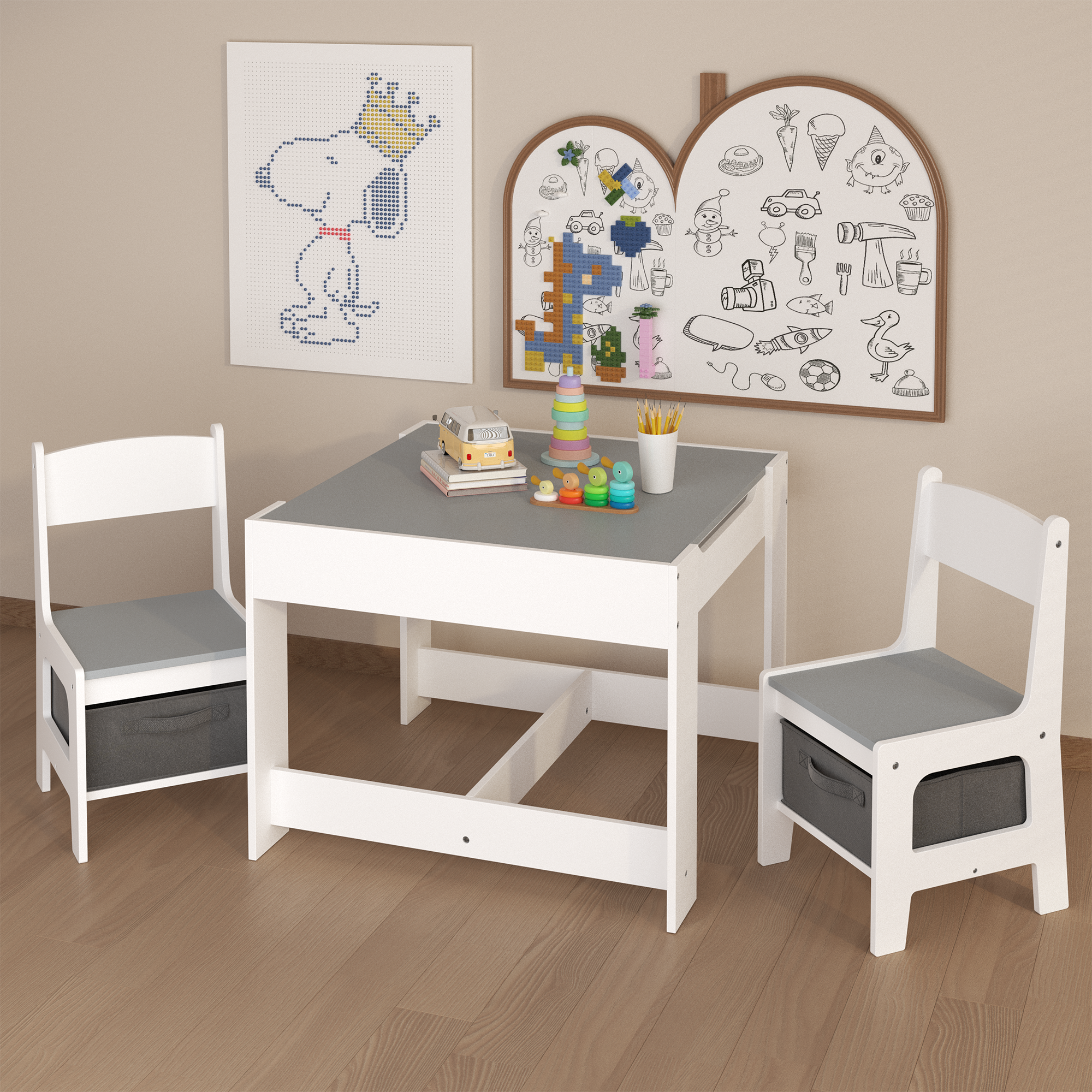 Kids Table and Chair Set, 3-in-1 Wooden Activity Table with Storage Drawer for Toddlers Drawing, Reading, Crafts, 2-in-1 Detachable Top in White+Gray MDF
