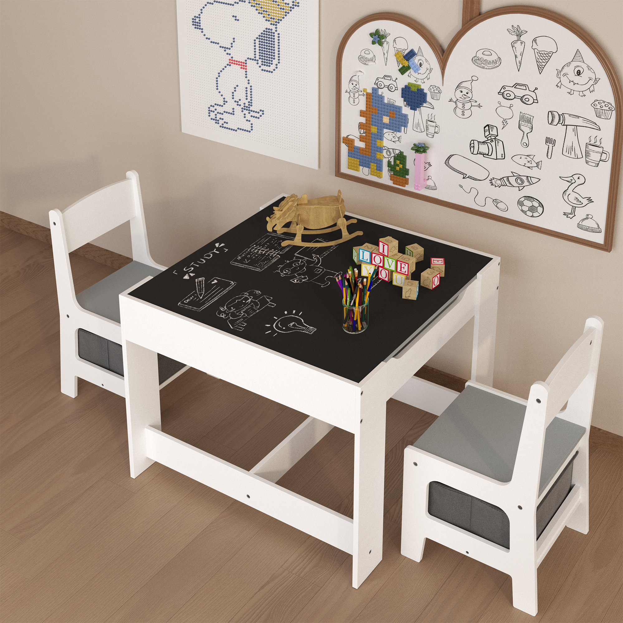 Kids Table and Chair Set, 3-in-1 Wooden Activity Table with Storage Drawer for Toddlers Drawing, Reading, Crafts, 2-in-1 Detachable Top in White+Gray MDF