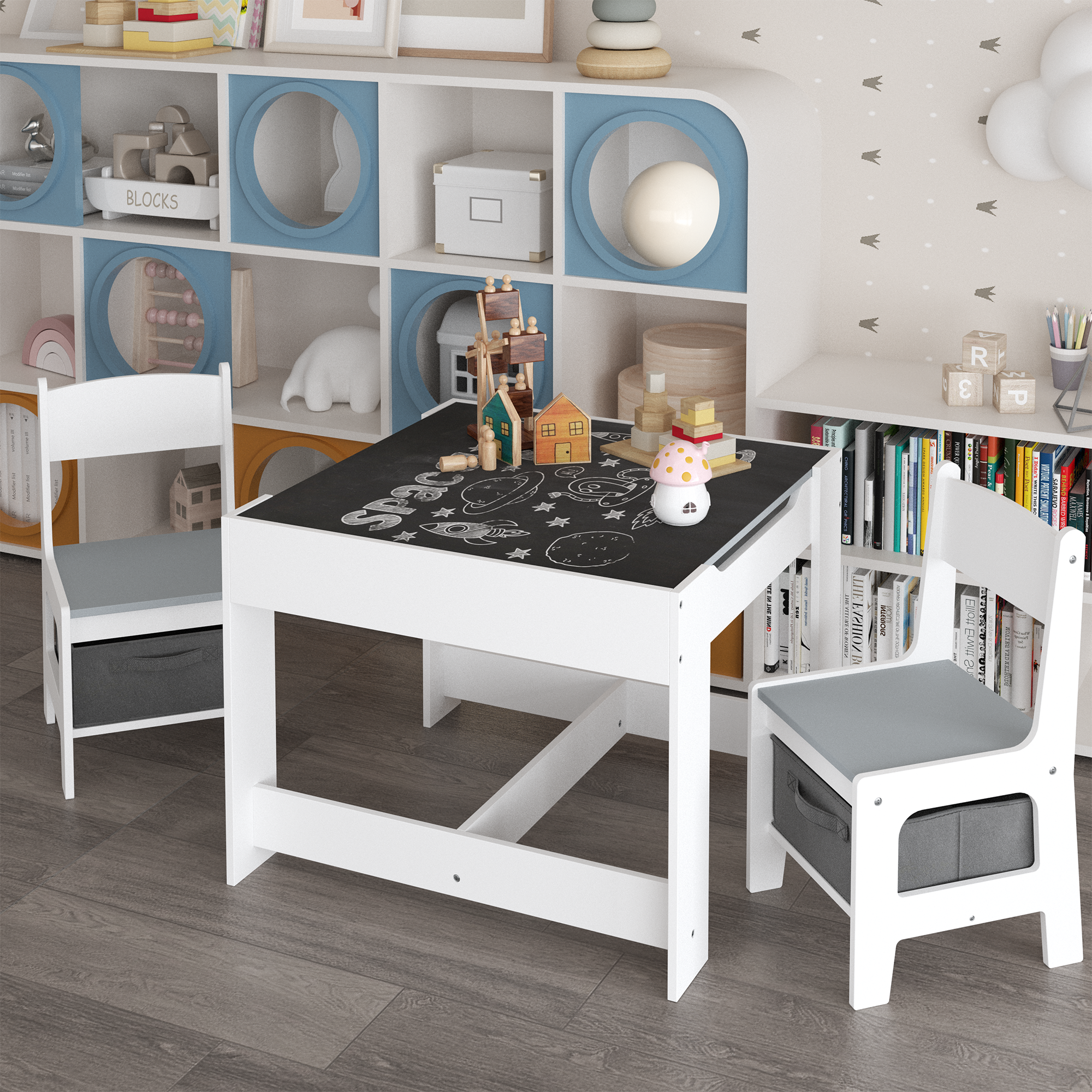 Kids Table and Chair Set, 3-in-1 Wooden Activity Table with Storage Drawer for Toddlers Drawing, Reading, Crafts, 2-in-1 Detachable Top in White+Gray MDF