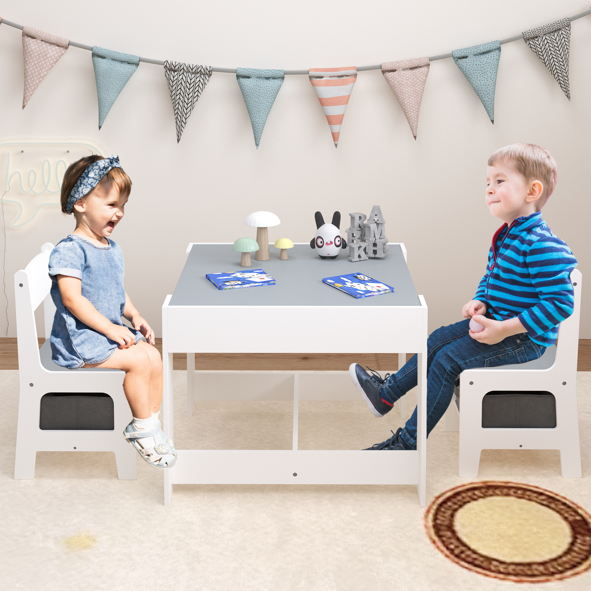 Kids Table and Chair Set, 3-in-1 Wooden Activity Table with Storage Drawer for Toddlers Drawing, Reading, Crafts, 2-in-1 Detachable Top in White+Gray MDF