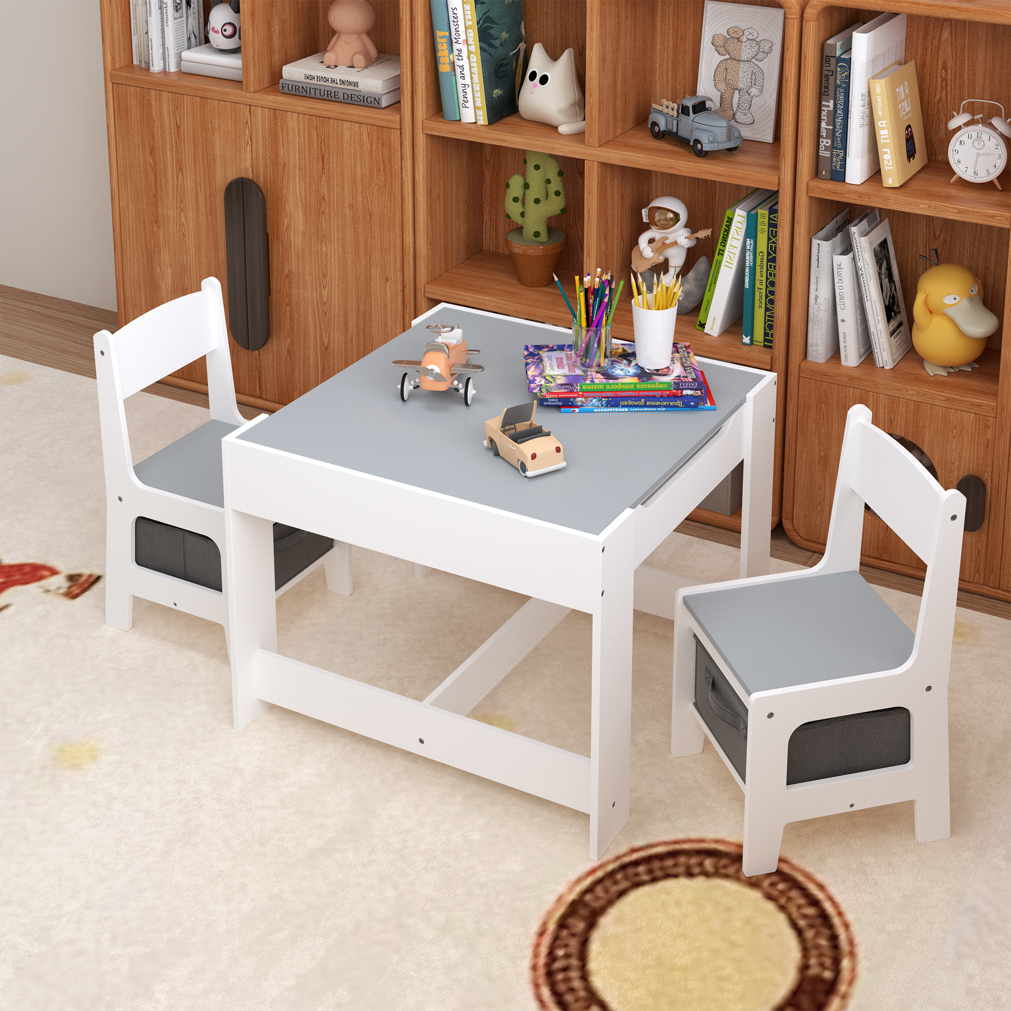 Kids Table and Chair Set, 3-in-1 Wooden Activity Table with Storage Drawer for Toddlers Drawing, Reading, Crafts, 2-in-1 Detachable Top in White+Gray MDF