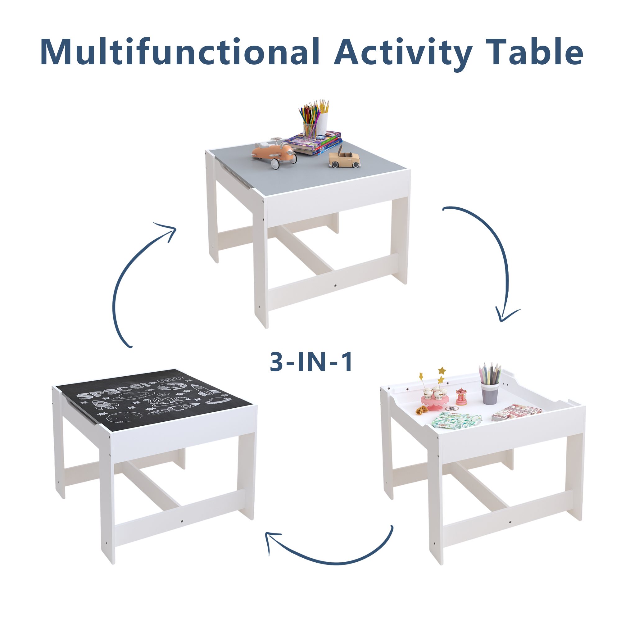 Kids Table and Chair Set, 3-in-1 Wooden Activity Table with Storage Drawer for Toddlers Drawing, Reading, Crafts, 2-in-1 Detachable Top in White+Gray MDF
