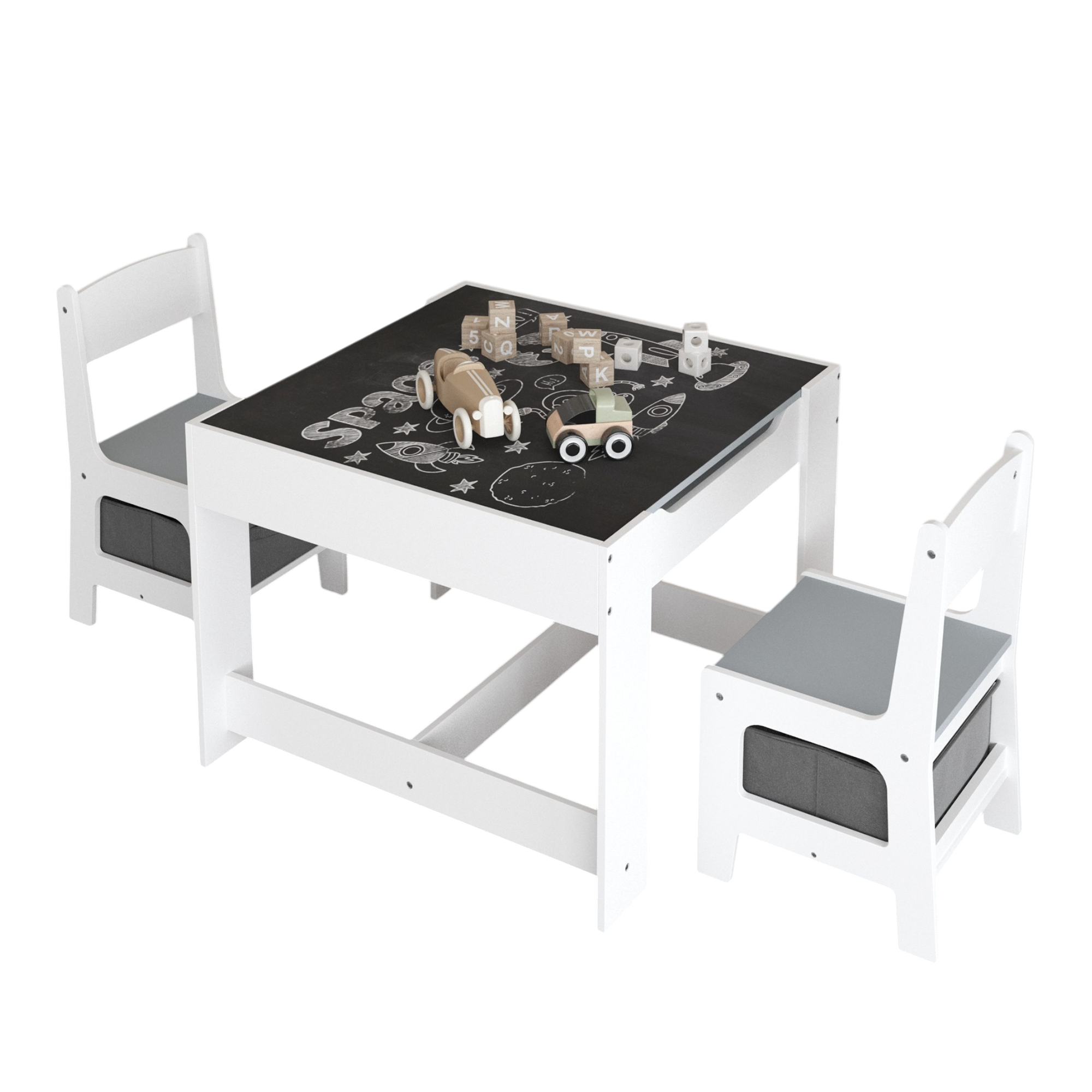 Kids Table and Chair Set, 3-in-1 Wooden Activity Table with Storage Drawer for Toddlers Drawing, Reading, Crafts, 2-in-1 Detachable Top in White+Gray MDF