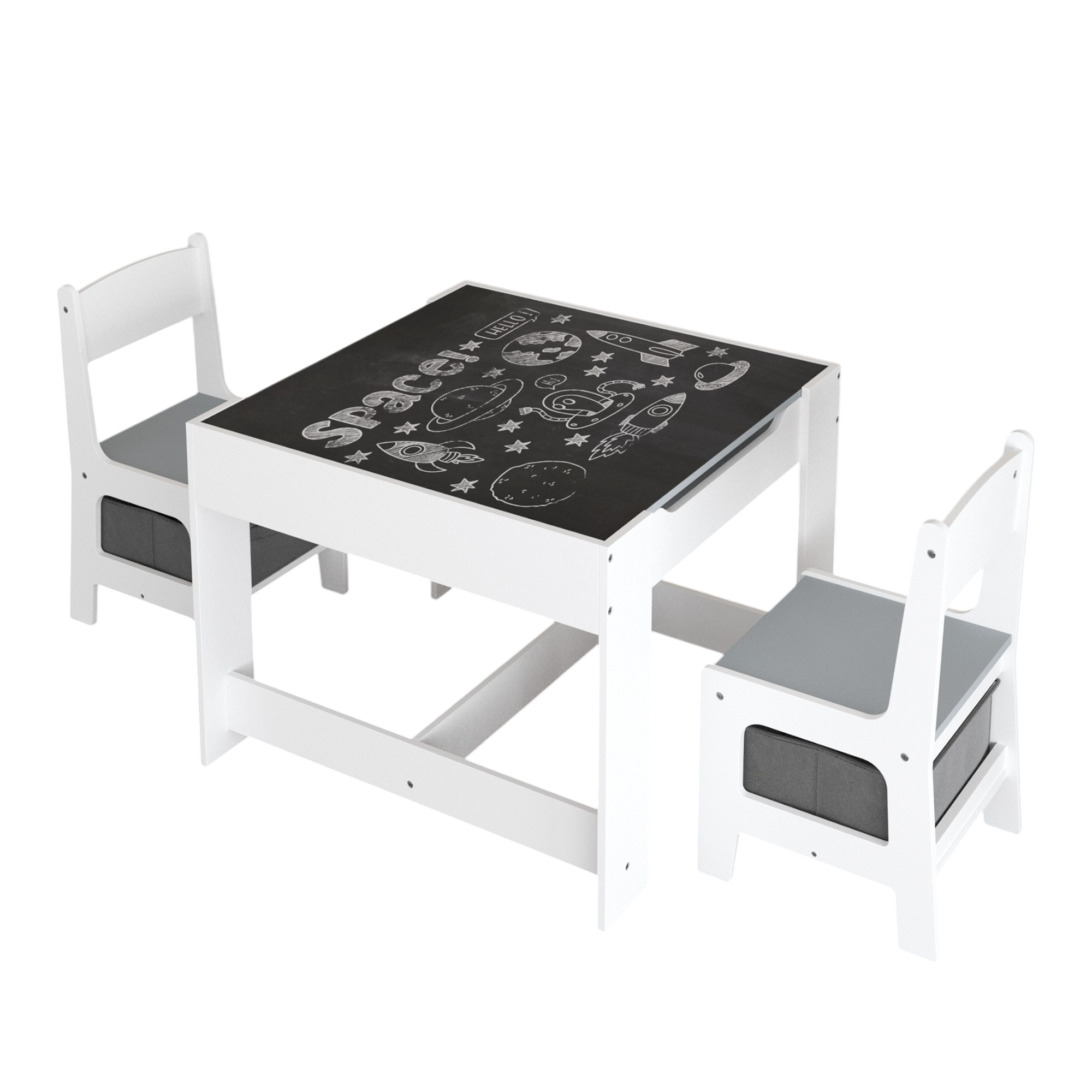 Kids Table and Chair Set, 3-in-1 Wooden Activity Table with Storage Drawer for Toddlers Drawing, Reading, Crafts, 2-in-1 Detachable Top in White+Gray MDF