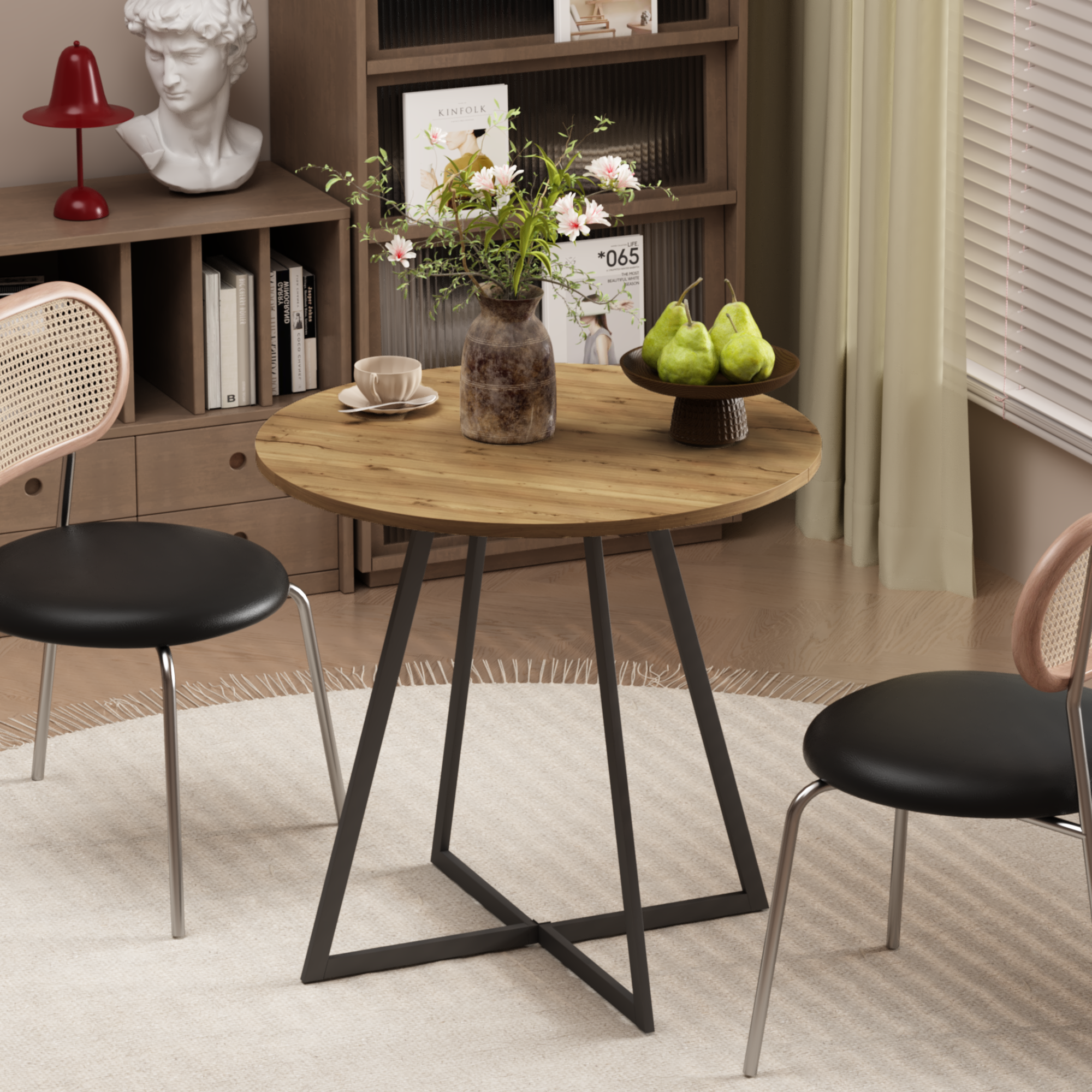 31.5 Inch Round Dining Table, Small Circle Kitchen Table with Metal Black Legs for 2-4 people, Modern Dining Room Table, Brown (only table) – Natural