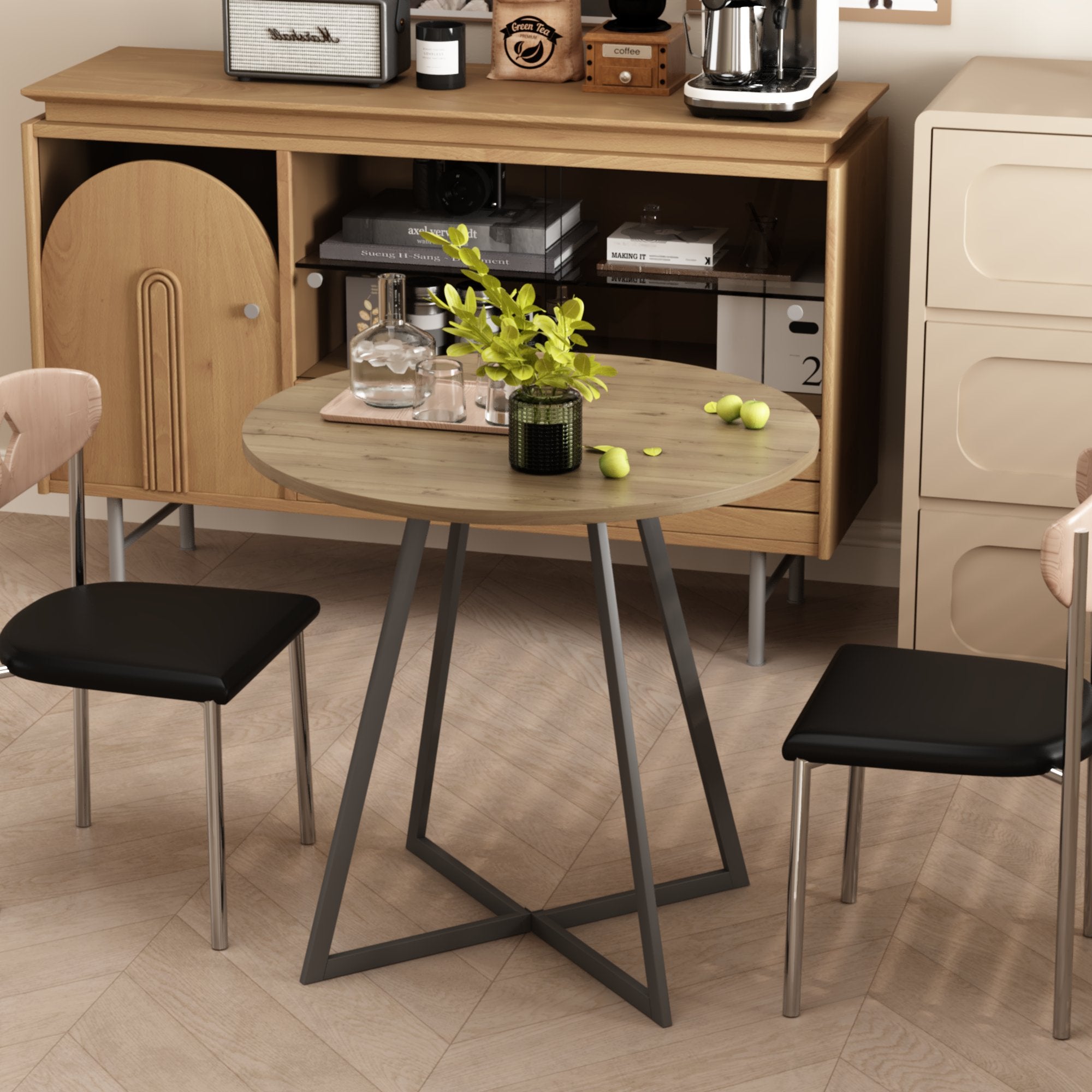 31.5 Inch Round Dining Table, Small Circle Kitchen Table with Metal Black Legs for 2-4 people, Modern Dining Room Table, Brown (only table) – Natural