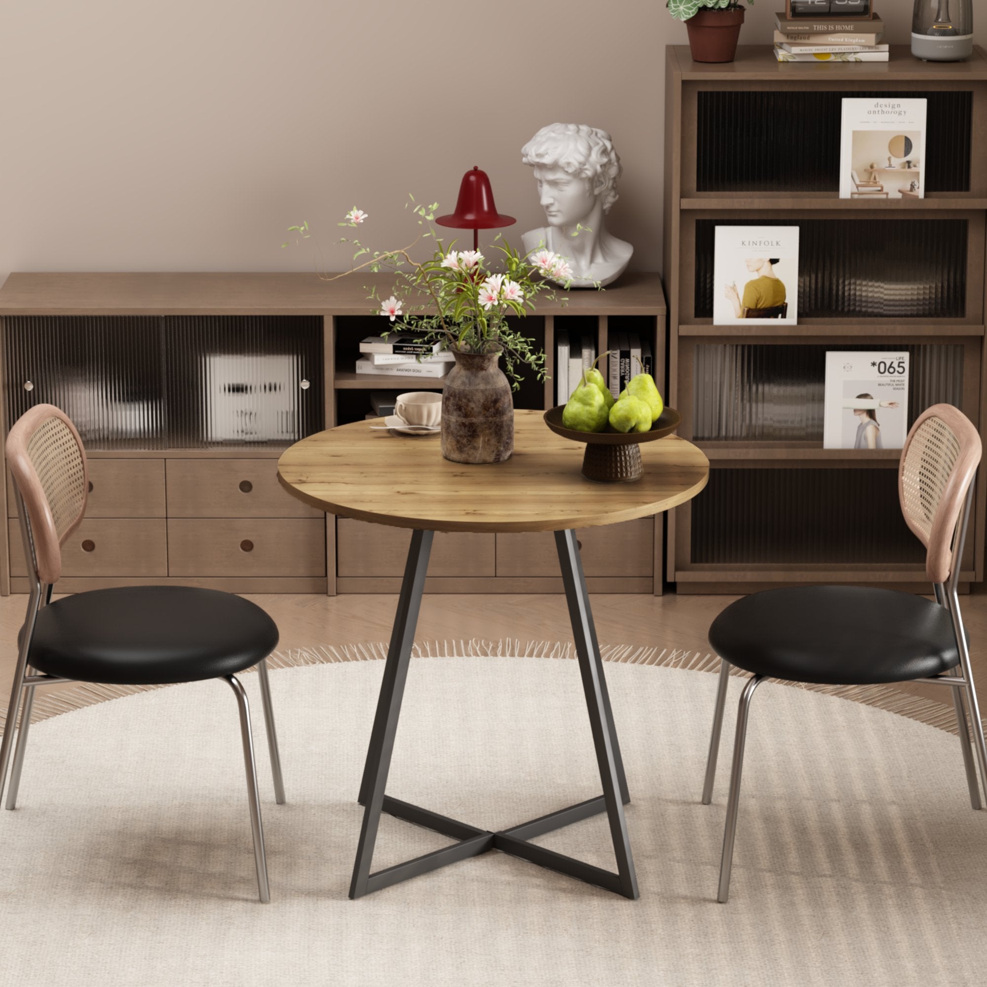 31.5 Inch Round Dining Table, Small Circle Kitchen Table with Metal Black Legs for 2-4 people, Modern Dining Room Table, Brown (only table) – Natural