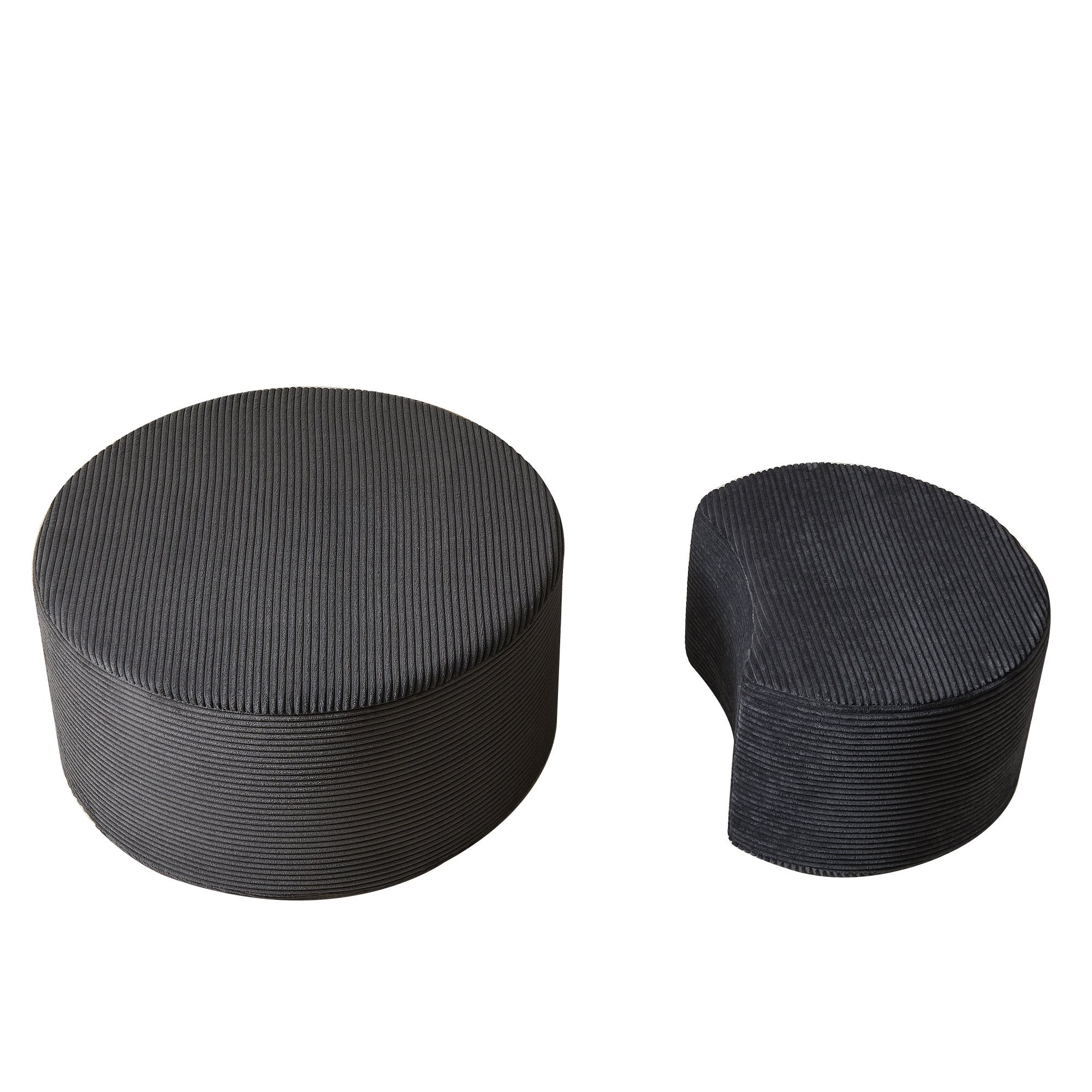 Modern Upholstered Round Coffee Table Set of 2 in Black, Corduroy Fabric, No Assembly, Perfect for Living Room or Bedroom