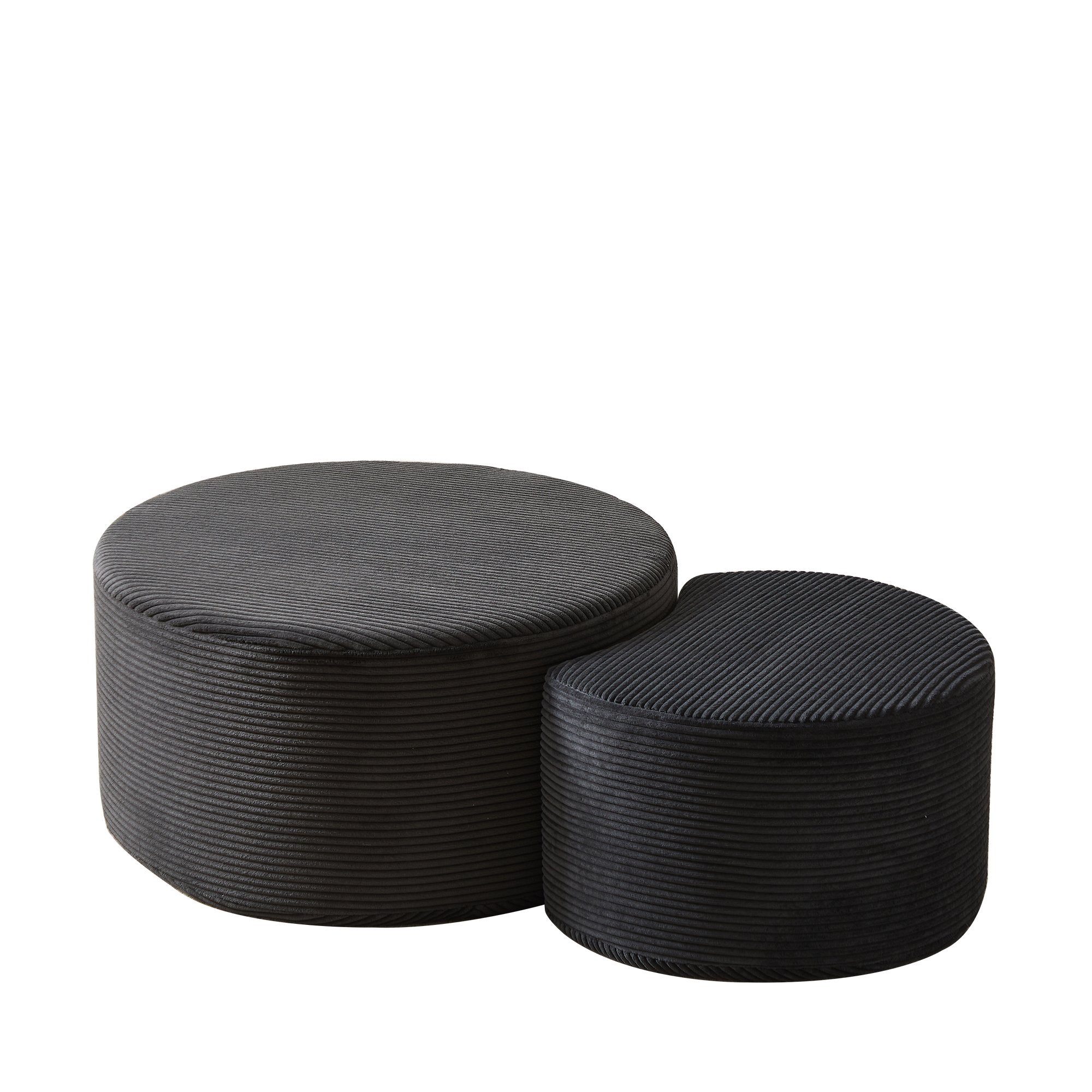Modern Upholstered Round Coffee Table Set of 2 in Black, Corduroy Fabric, No Assembly, Perfect for Living Room or Bedroom