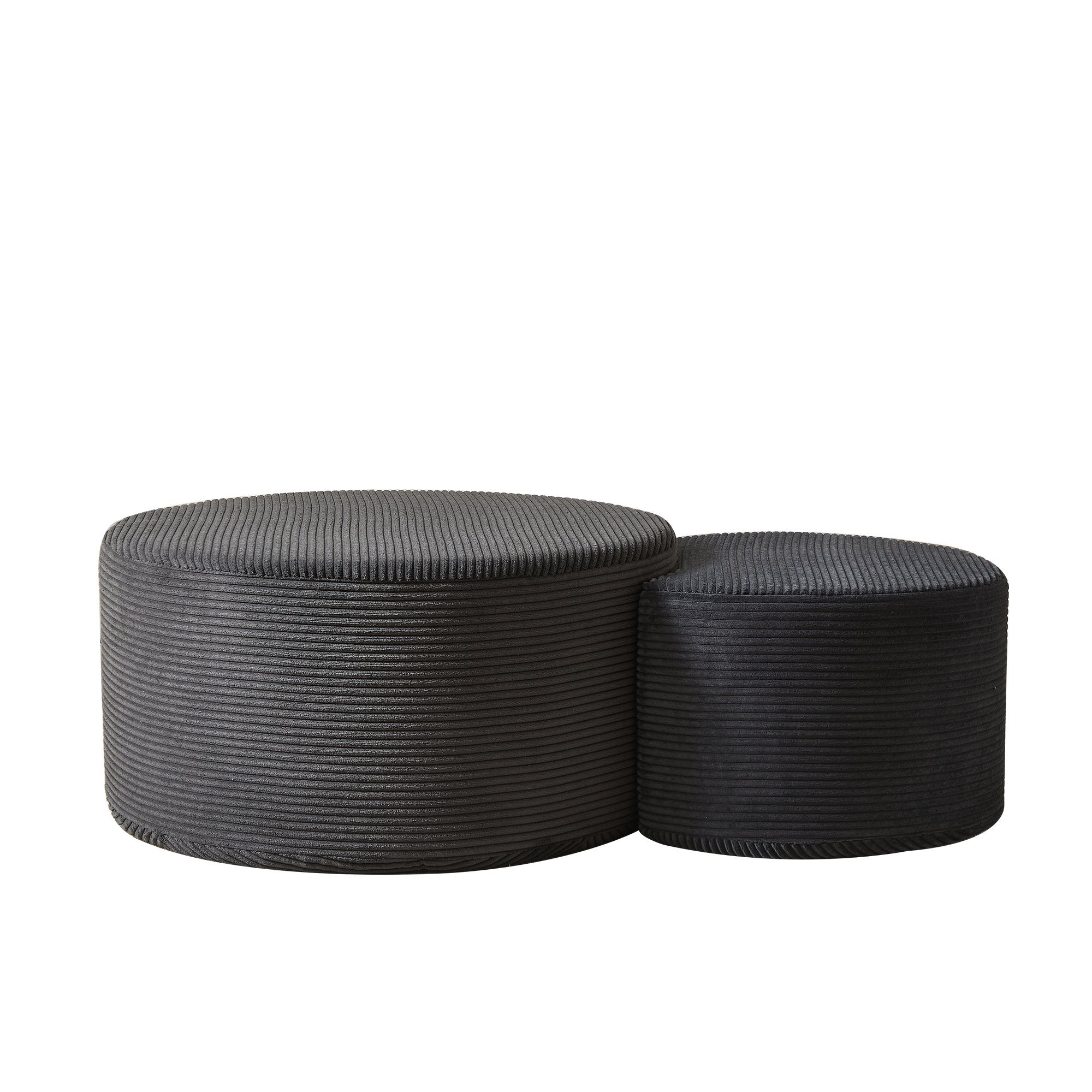 Modern Upholstered Round Coffee Table Set of 2 in Black, Corduroy Fabric, No Assembly, Perfect for Living Room or Bedroom