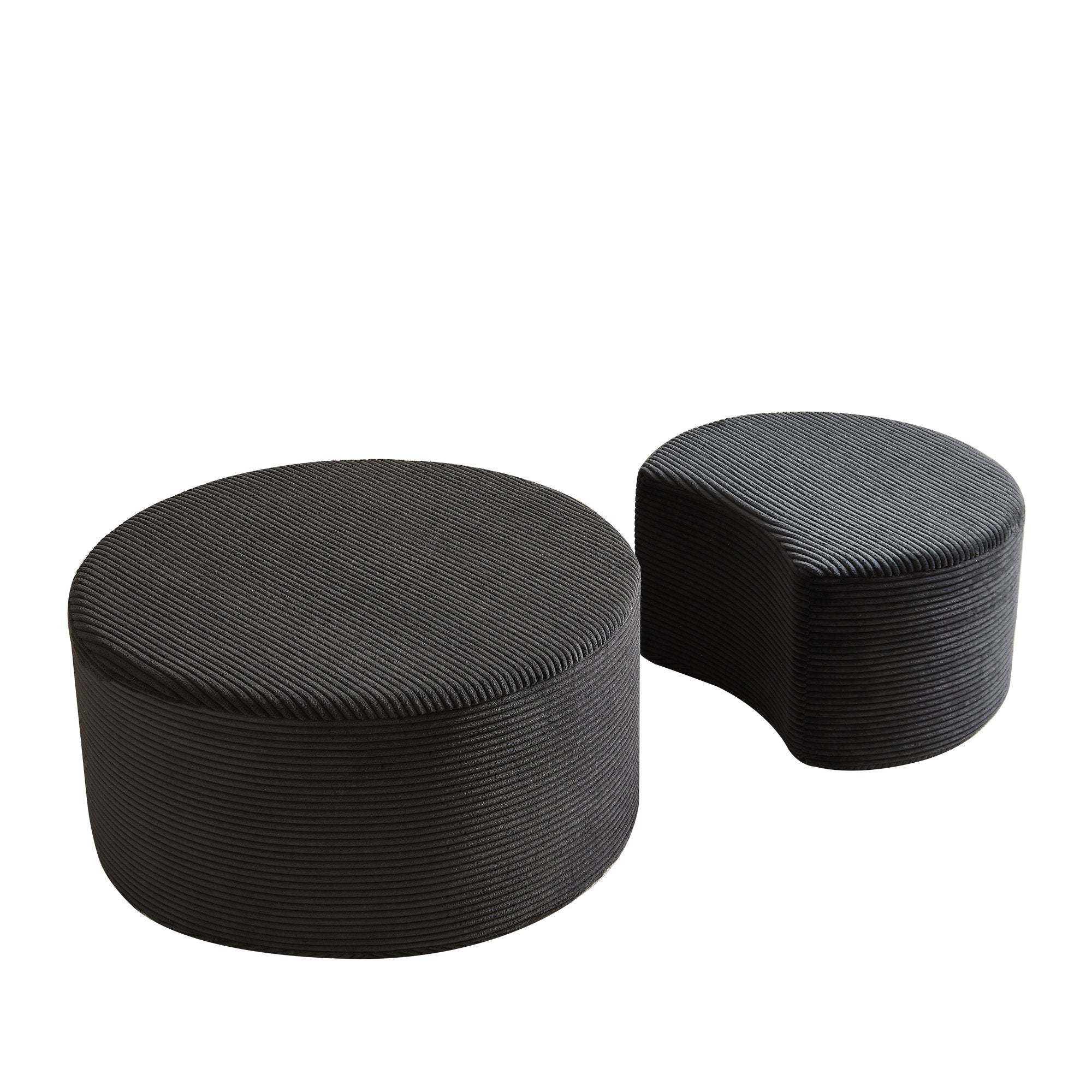 Modern Upholstered Round Coffee Table Set of 2 in Black, Corduroy Fabric, No Assembly, Perfect for Living Room or Bedroom